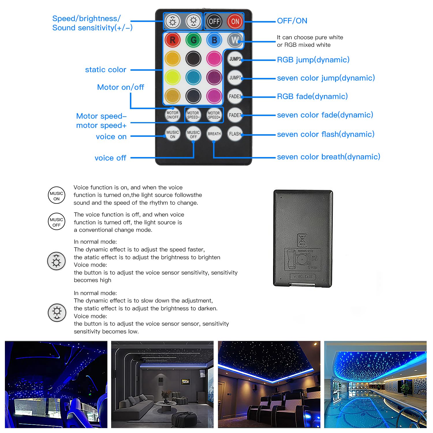 AZIMOM Fiber Optic Starlight Headliner Kit, 800pcs, 0.03in x 13.1ft, Sound Activated, Remote APP Control, Silver, Model C-