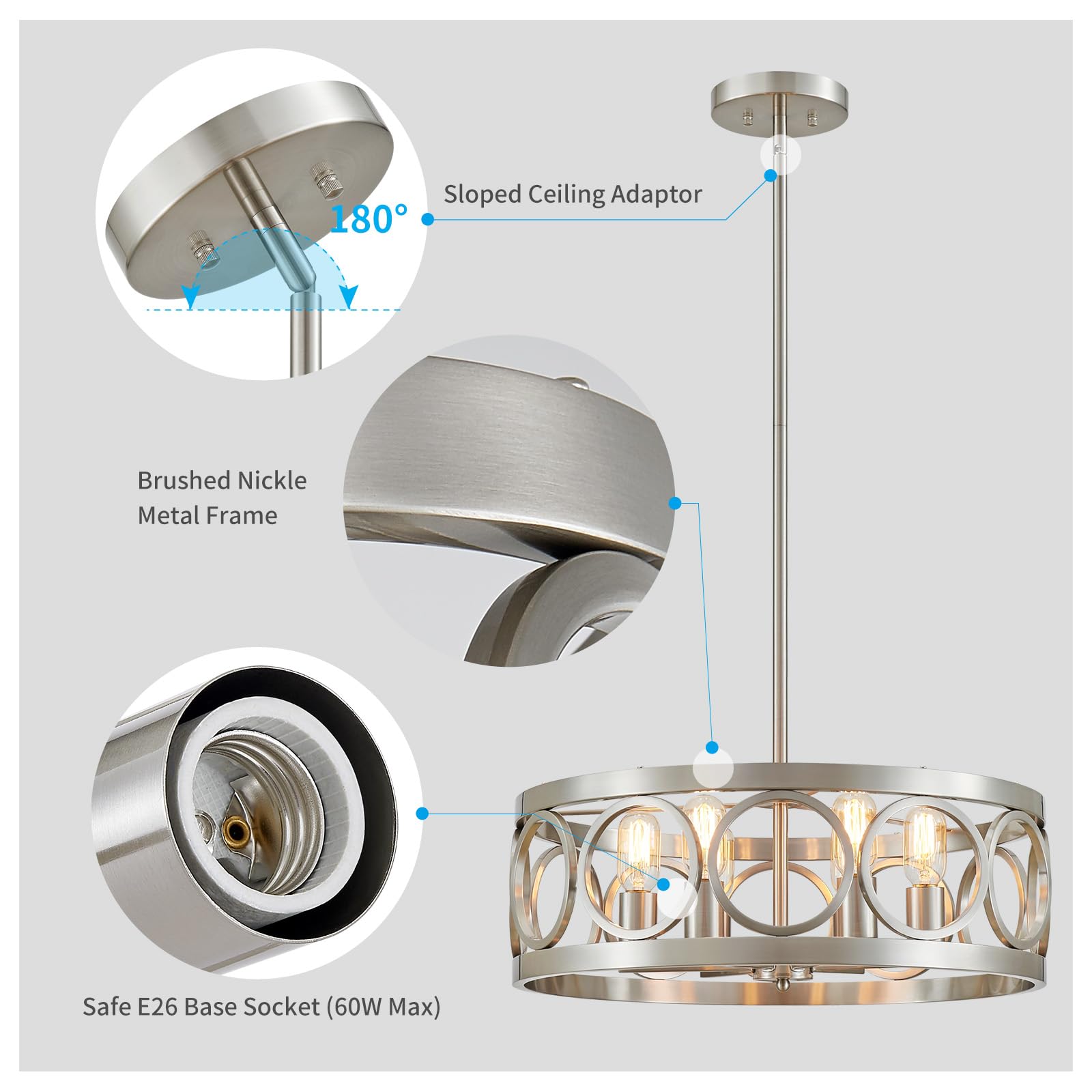 Xingqi 6-Light Modern Chandelier Brushed Nickel Farmhouse Dining Room Chandeliers, 21.7'' Drum Pendant Light Fixture Height Adjustable For Living Room Home Office