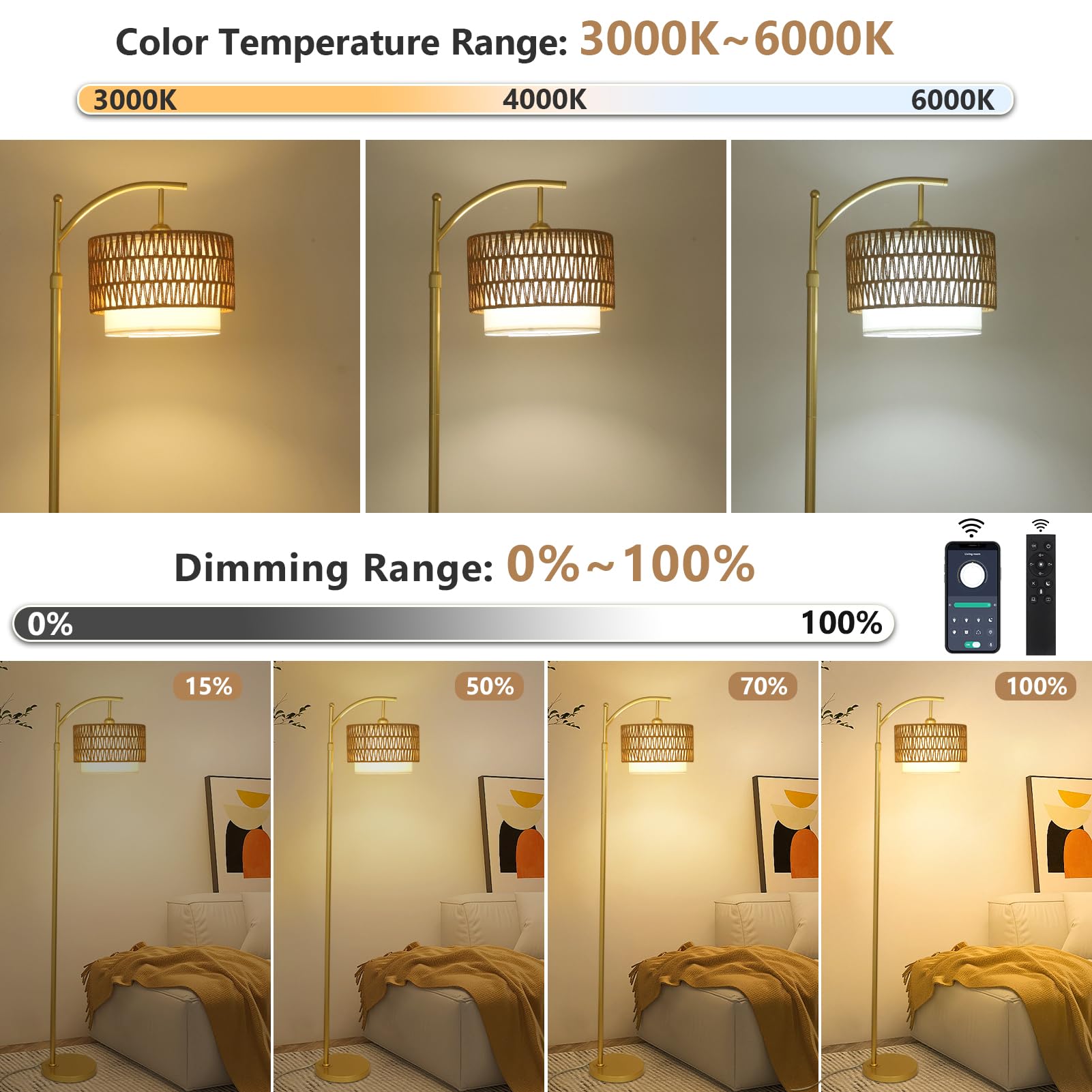 Gold Floor Lamps For Living Room With Remote & Dimmable Led Bulb, Modern Arc Floor Lamp With 3 Color Temperatures, Boho Standing