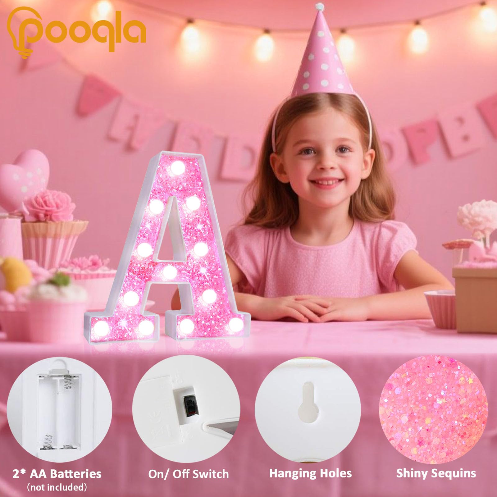 Pooqla Pink Light Up Number 9 - Battery Powered Glitter Night Light for Girls' Birthday, Cool White Party Decoration