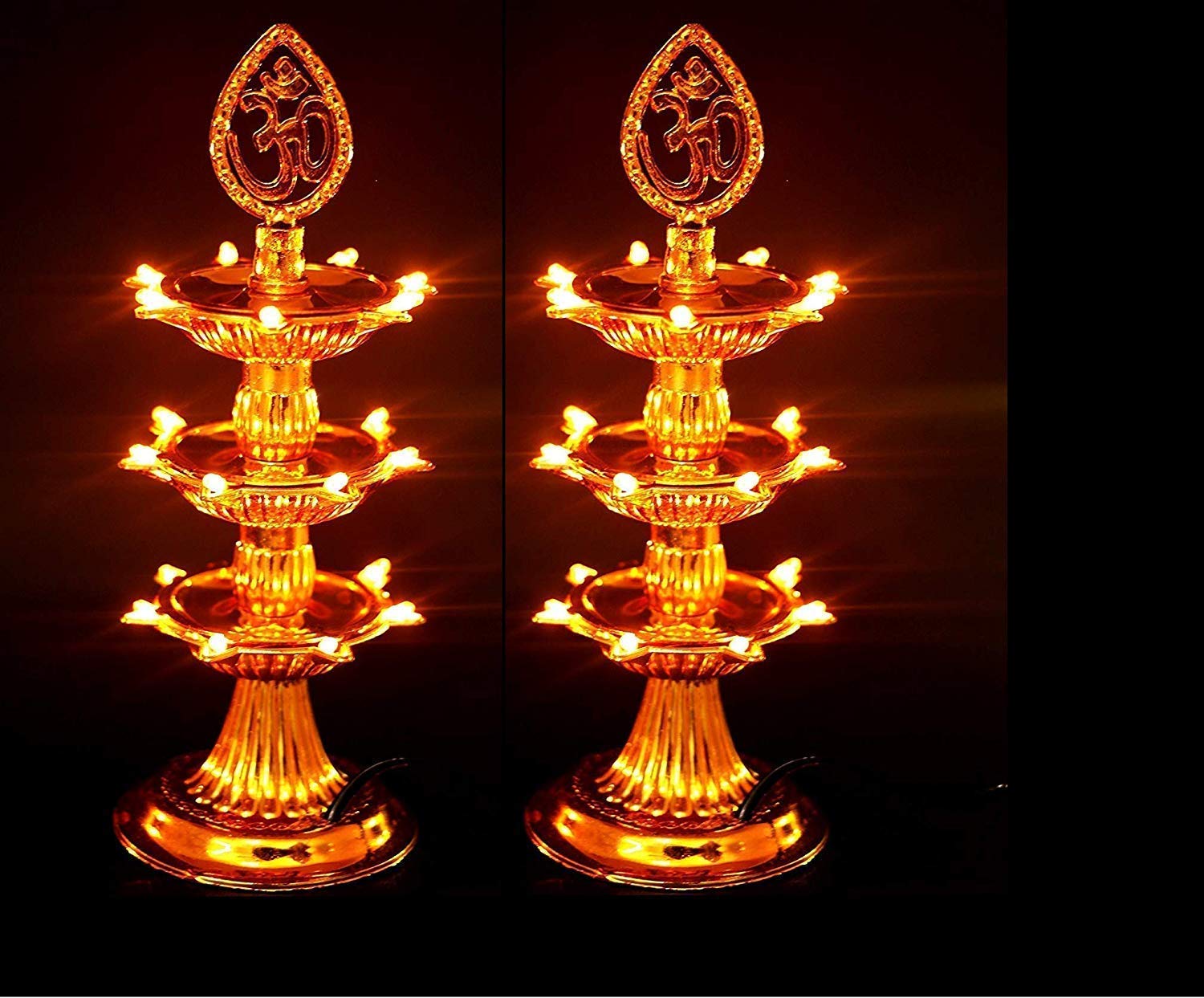 Indian Electrical Plastic Double Layer LED Golden OM Design Electric Diya Decorative Lamp for Temple Decoration (2, 3 Layer (21