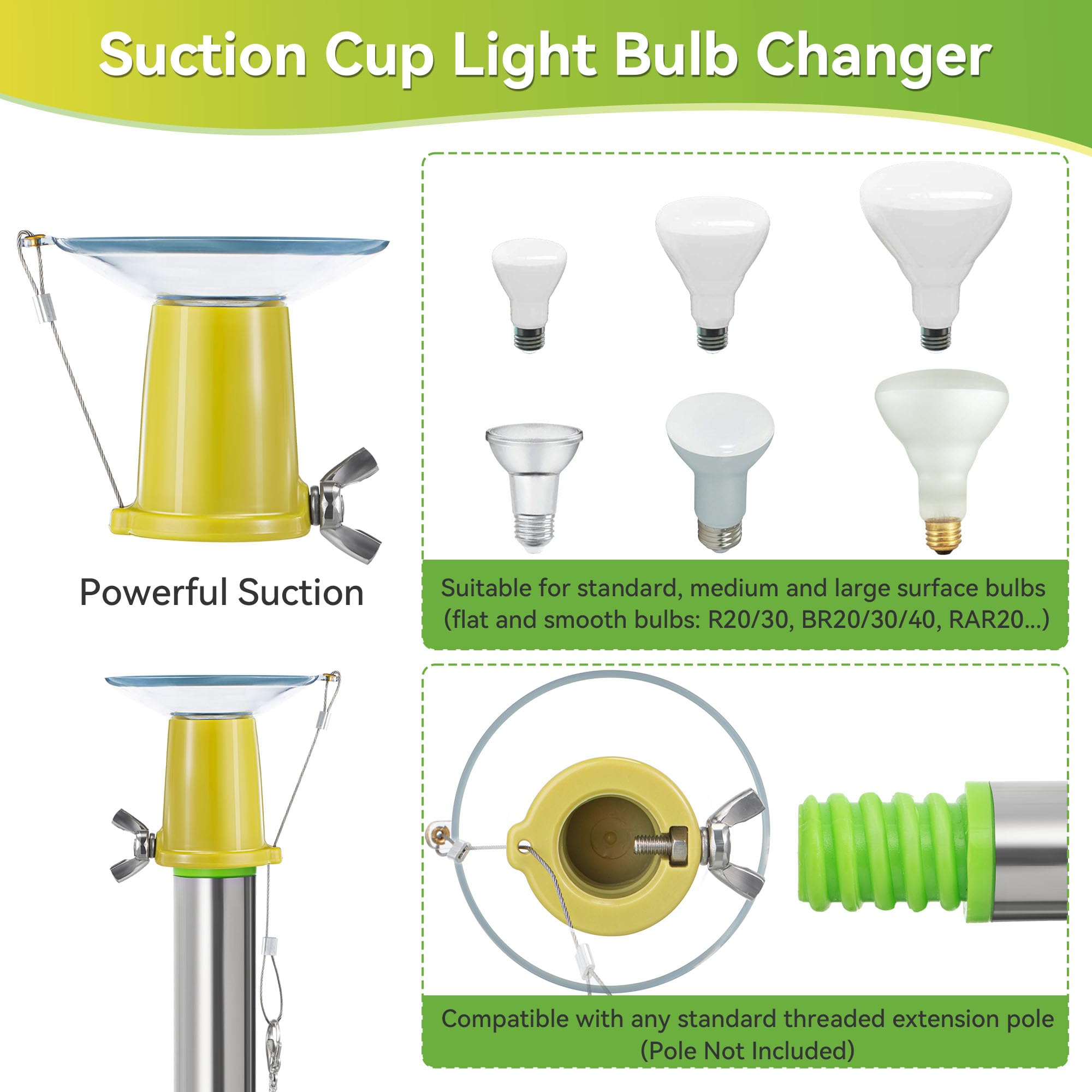 Dreyoo Light Bulb Changer - Suction Cup for High Ceilings & Recessed Lights, Yellow, Compatible with Standard Extension Poles, 1 Pack