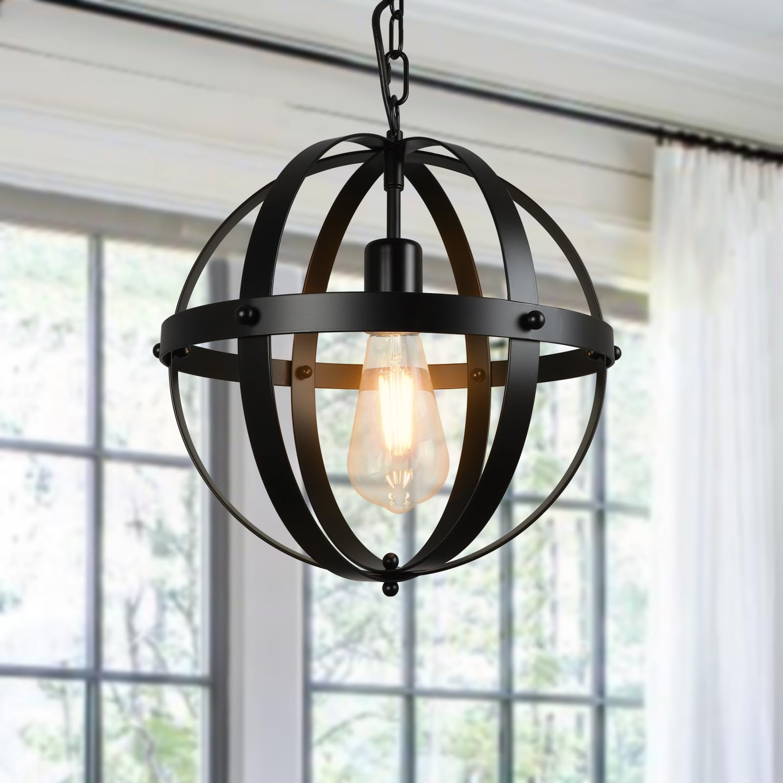 DINGLILIGHTING Vintage Globe Pendant Light, 1-Light, Matte Black, E26 Base, Model WSCL34-B