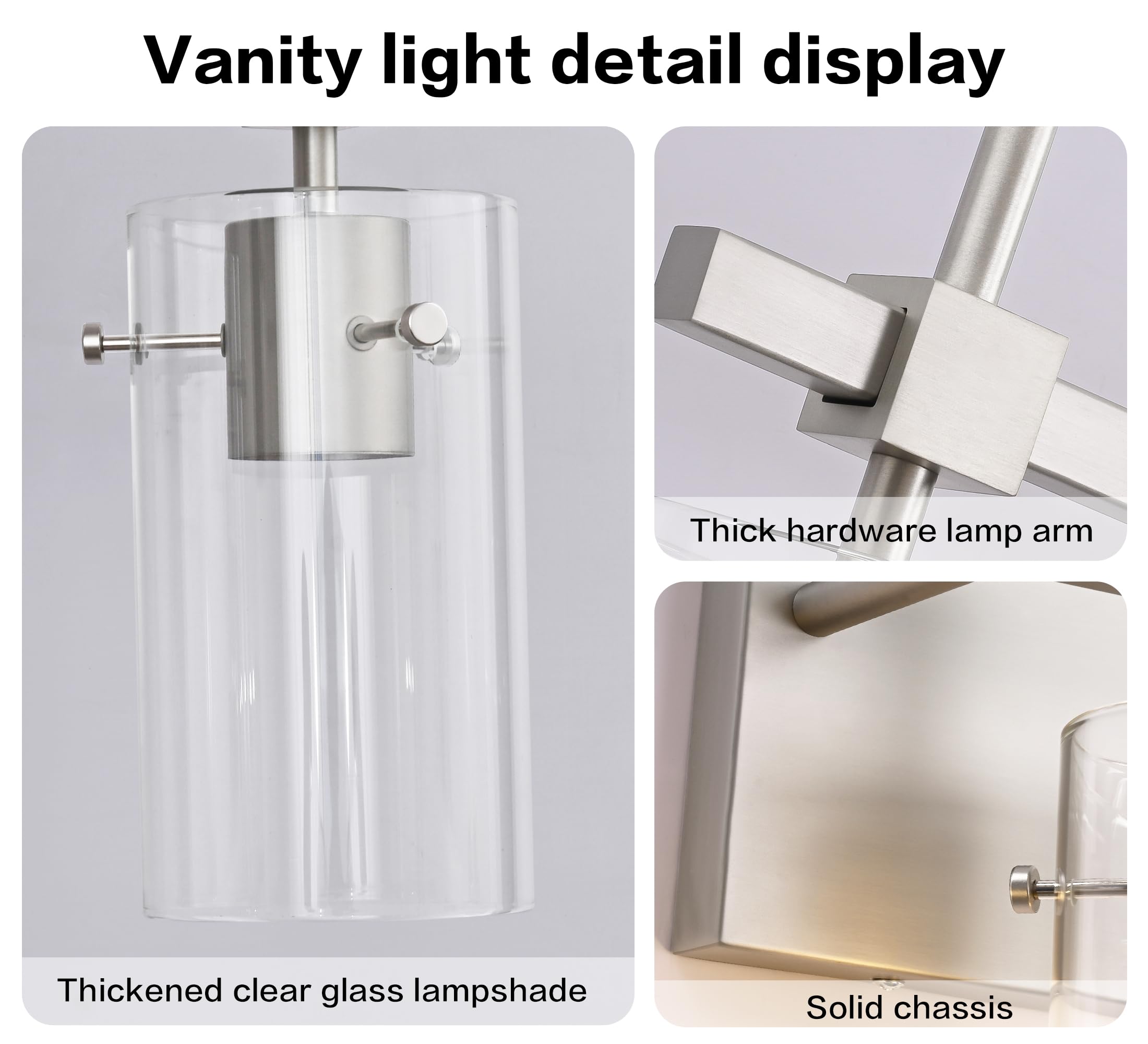 SOLFART 3 Lights Vanity Light Fixture, Brushed Nickel, Glass Shade, Model 7200-3T-NK, Vintage Bathroom Lighting Over Mirror
