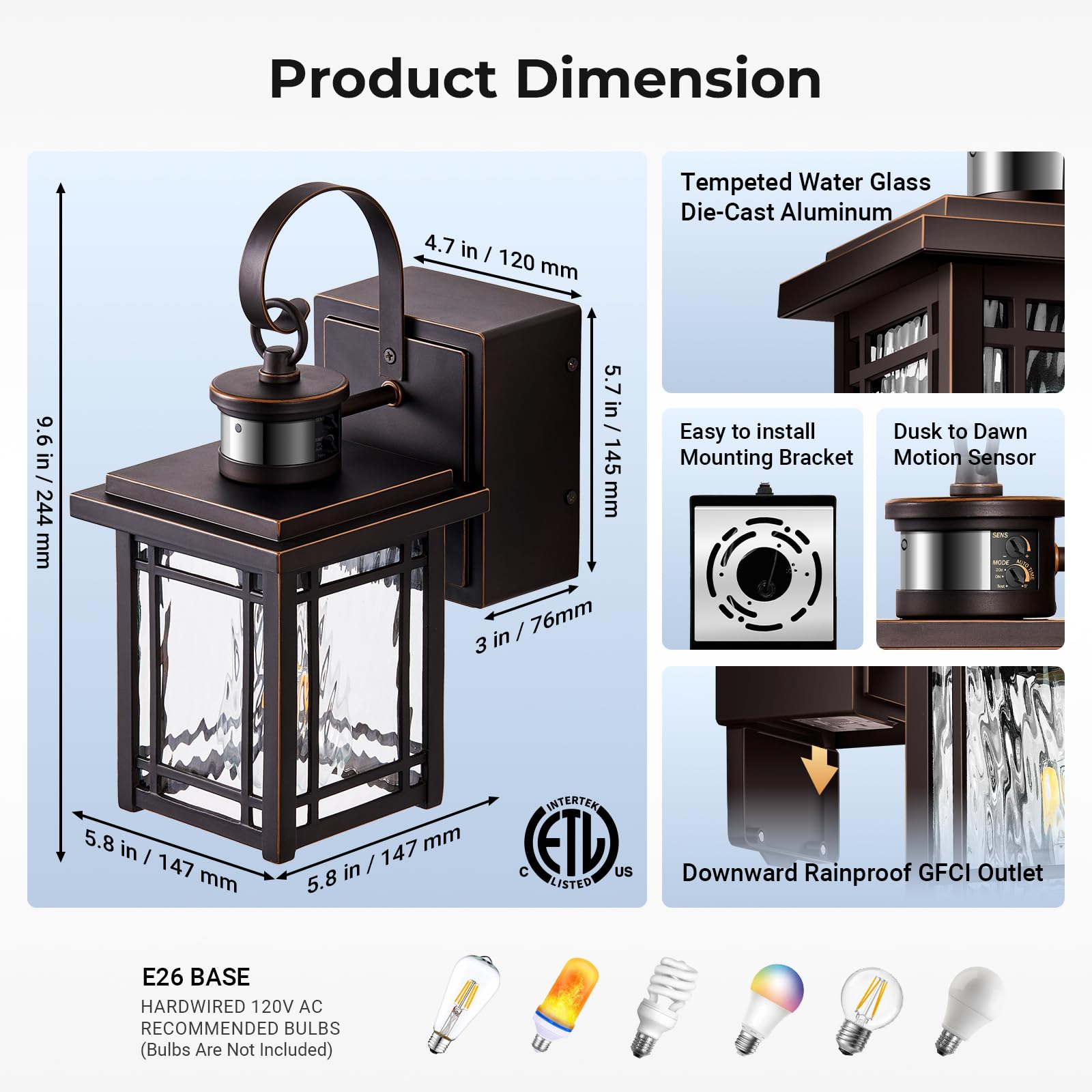 Opaxis 2-Pack Porch Light With Gfci Outlet  Motion Sensor Outdoor Wall Light Wall Mount  Oil Rubbed Bronze Exterior Lighting Fixtures  Anti-Rust Outdoor Lantern Wall Sconce For Garage  Patio  Balcony
