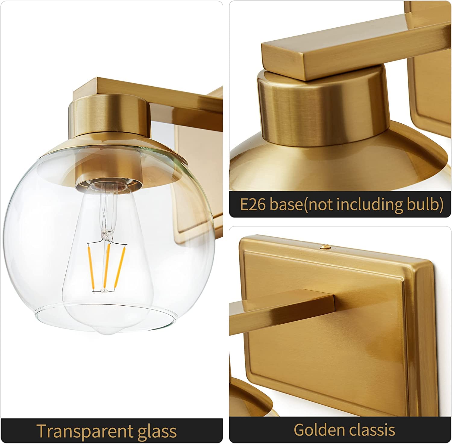 Pazala 2 Pack Brushed Brass Sconces Wall Lighting Set Of 2 For Bedroom Bathroom Wall Lights Fixtures, Clear Globe Glass Lamp,Wal