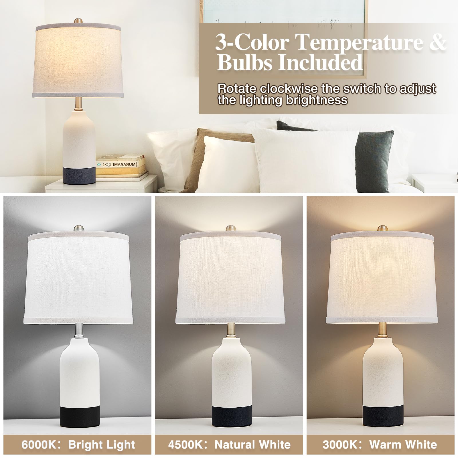 Luvkczc Modern Ceramic Table Lamps Set of 2, 21.4", Black+White, Fabric Drum Shade, 3-Color Temperature, 2 Bulbs Included