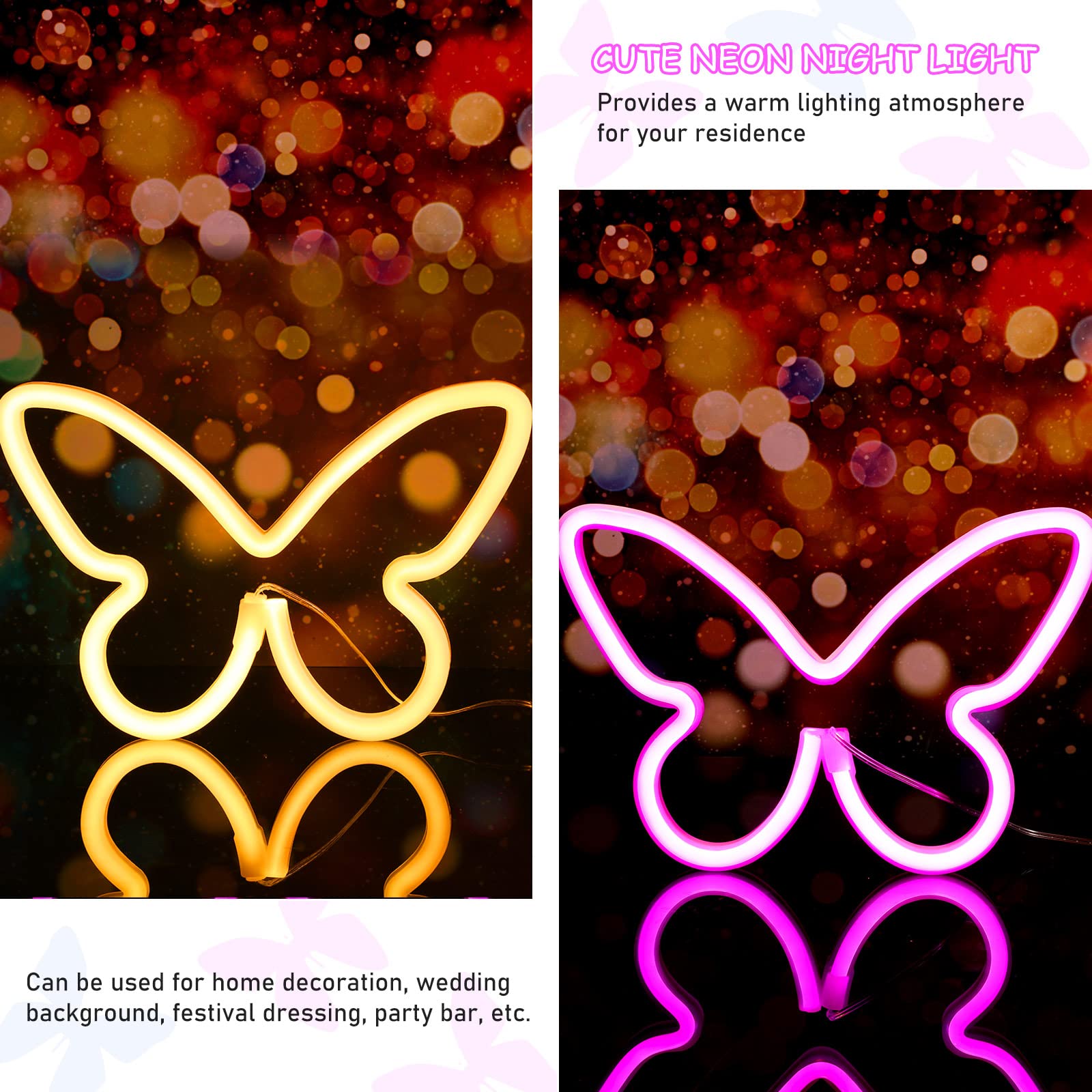 Riakrum LED Butterfly Neon Light Decor - 2 Pcs - USB & Battery Powered - Pink & Warm White - Model Riakrum-Signs Butterfly LED Light-026