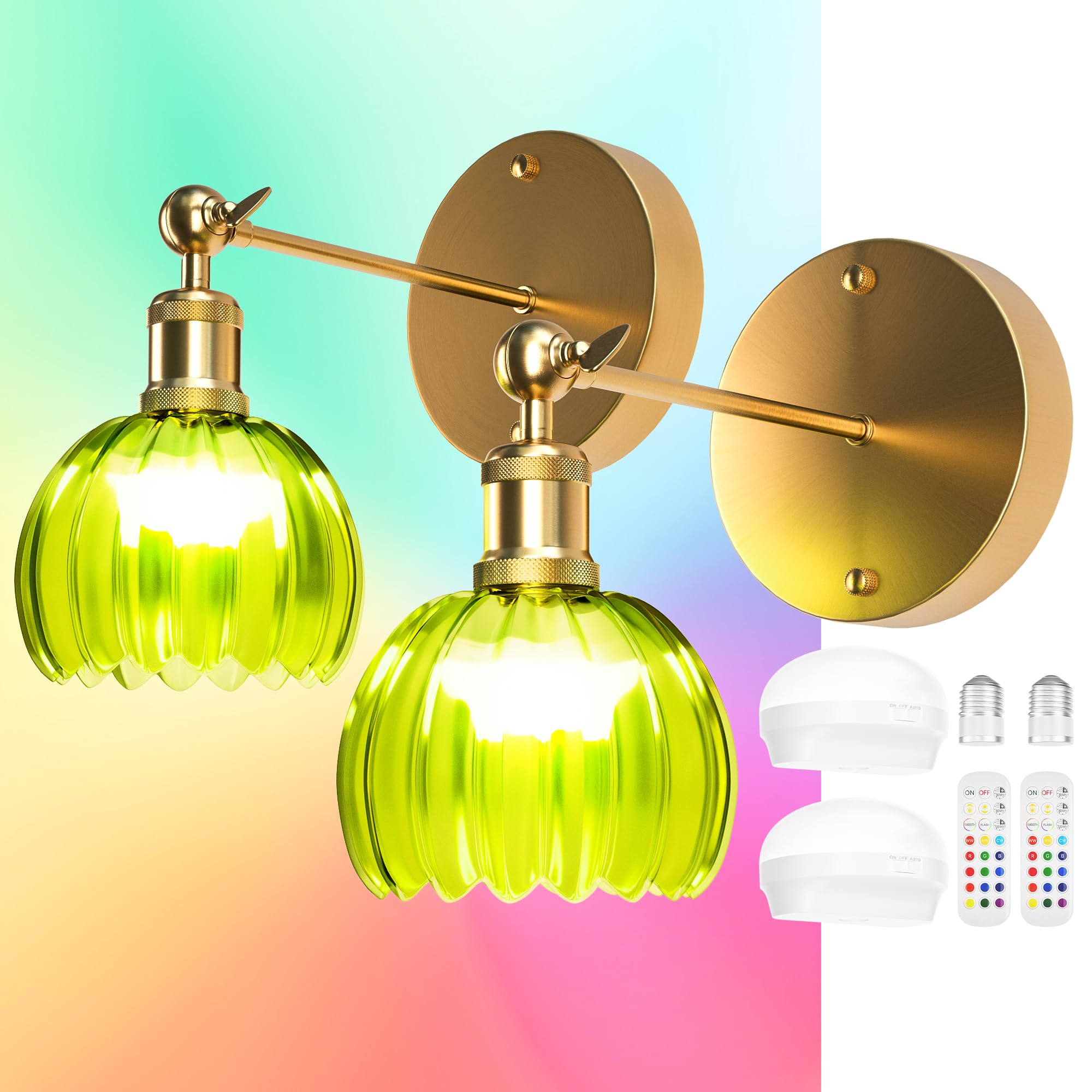 Letaclanic 2 Pack Vintage Battery Operated Wall Sconce with Green Tulip Glass Lampshade, 4000mAh Battery, Lossless Installation 