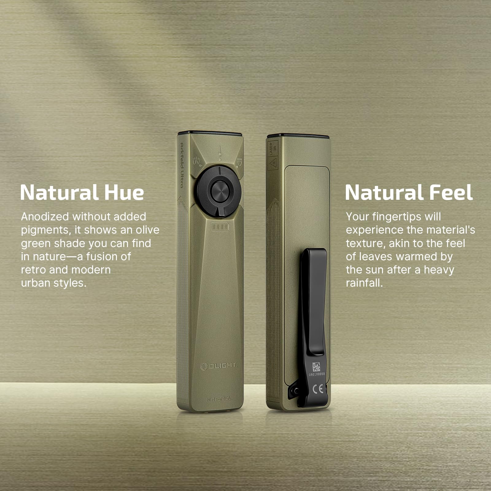 OLIGHT Arkfeld EDC Flashlight - 1400 Lumens, Rechargeable, Olive Green, Model AKUT-NW-300000, White LED, UV & Green Beam