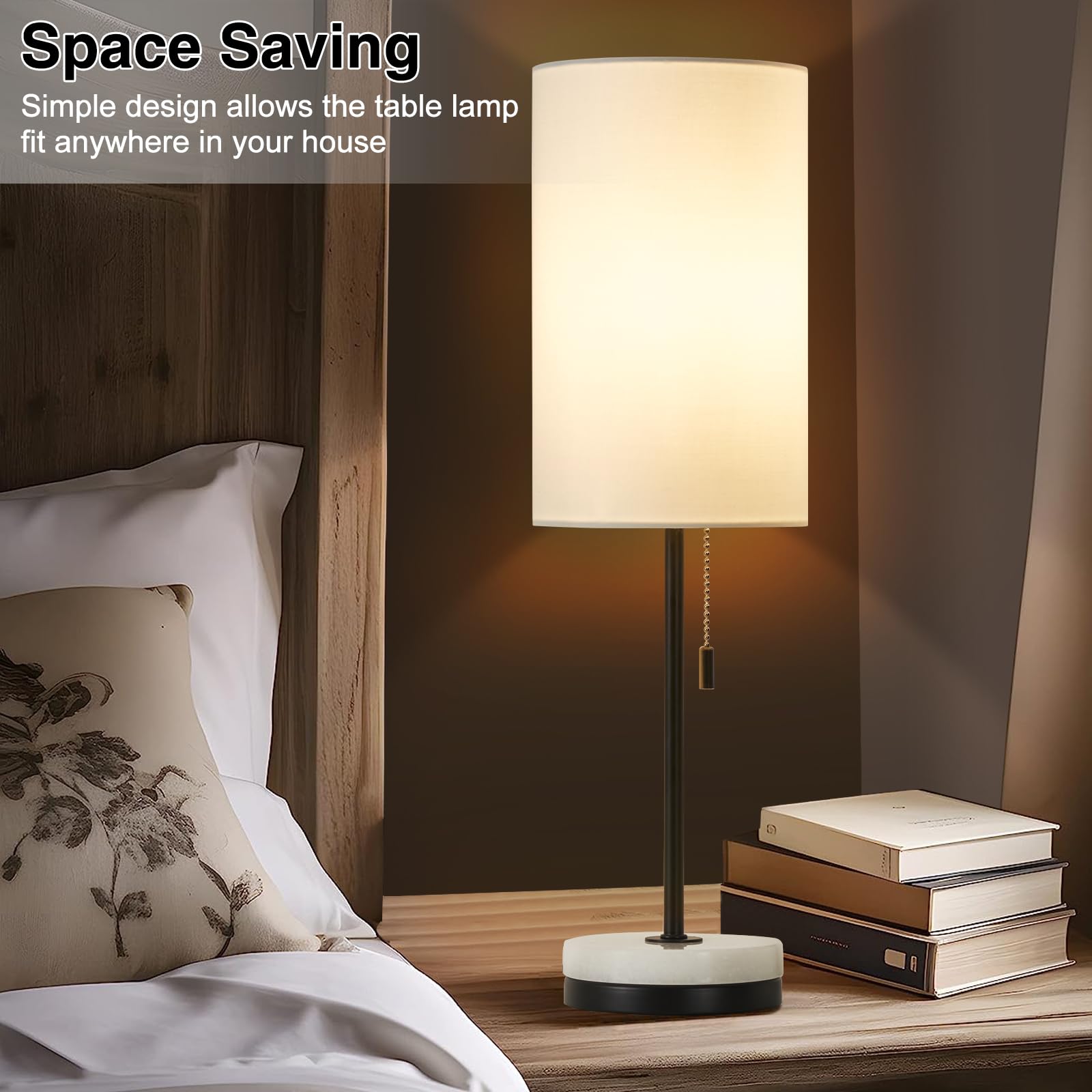 Luvkczc Minimalist Table Lamp Set of 2, Small Black & White Bedside Lamps with Marble Base & Fabric Shade, Model 066