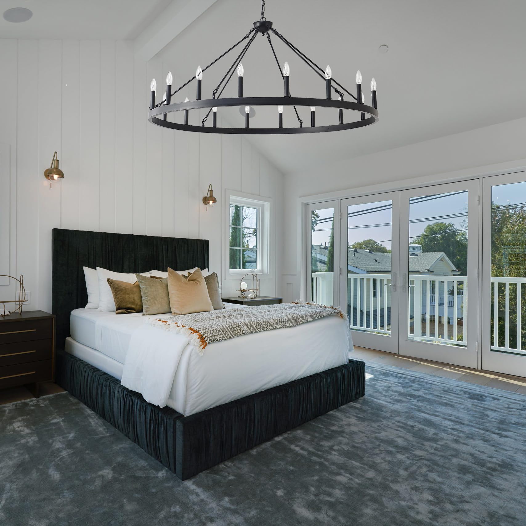 Zbmyrbzj 53&quot; Black Wagon Wheel Chandelier, 18-Light Industrial Ceiling Light For High Ceilings