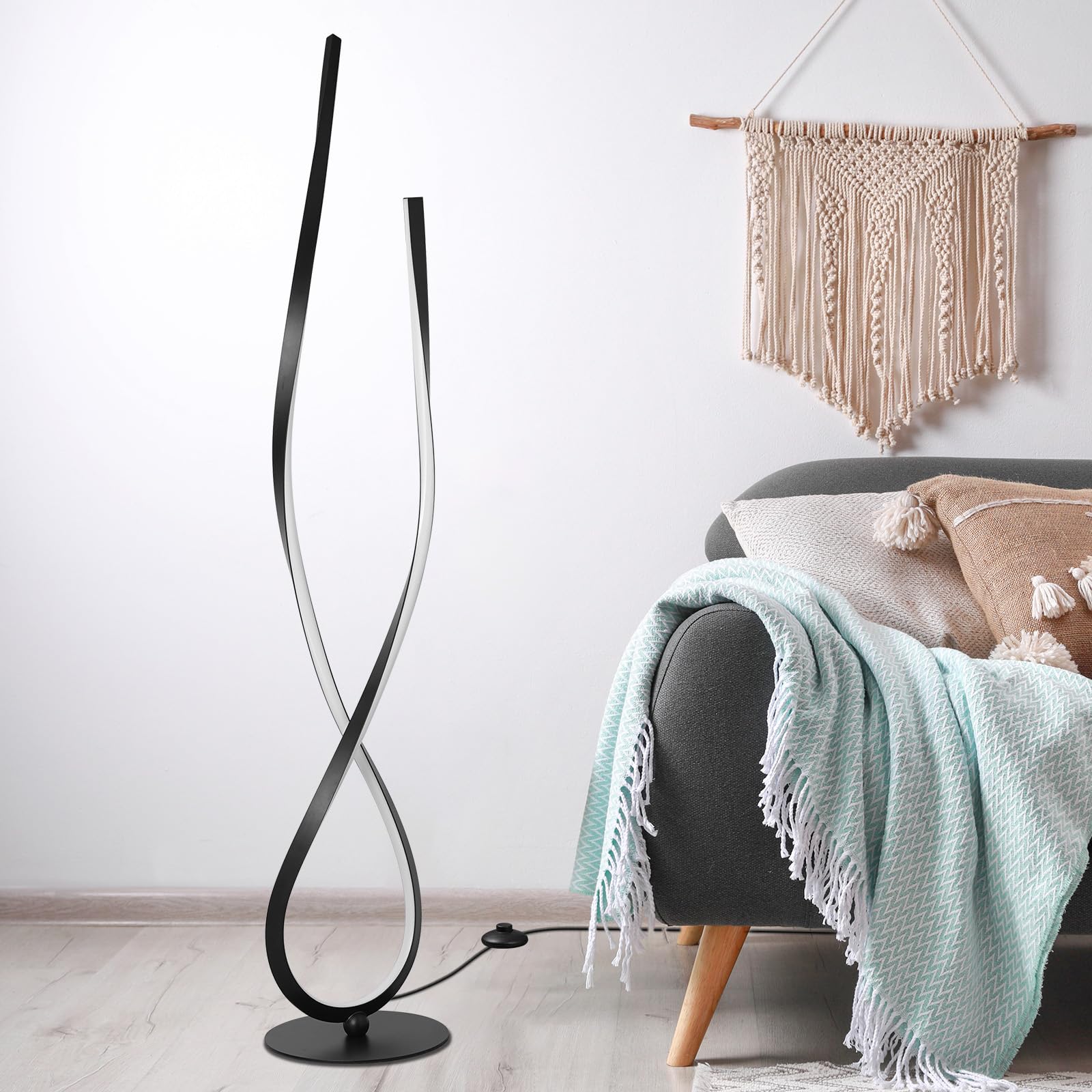 Nuür Spiral Floor Lamp, 59&quot; Tall Black Led Modern Standing Floor Lamp With Remote Control, Arched Bright Floor Lamps For Living Room Bedroom Office Home (Spiral Floor Lamp)