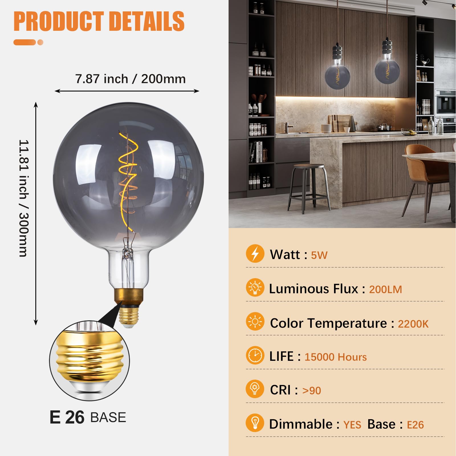 Sd Lux Oversized Vintage Led Light Bulbs 5W, Medium Base E26, Giant Edison Bulb Large Decorative Bulbs, Huge Edison Light, Dimma