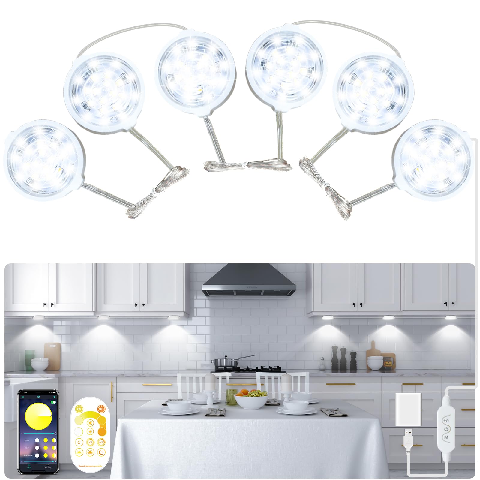 KeShu Under Cabinet Lights Plug in, Dimmable White LED Under Cabinet Lighting Hardwired Closet Lights, Smart Bluetooth APP Remot
