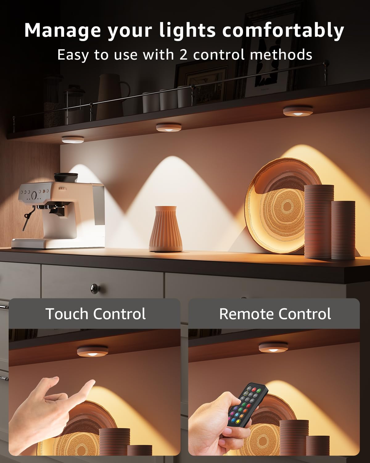 Tedmos USB Rechargeable LED Puck Lights, 3 Pack, 2400mAh Battery, Remote Control, 3000K/4500K/6000K, Magnetic Touch Lighting