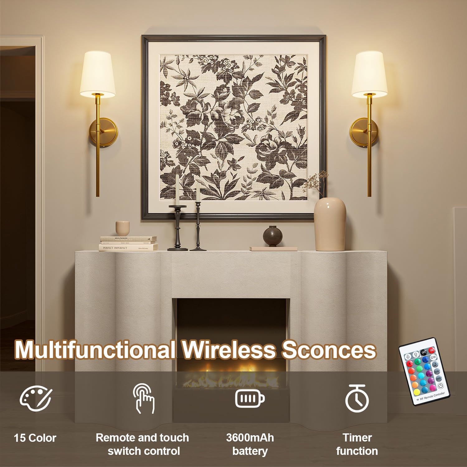 Battery Operated Wall Sconces Set Of 2, Gold Wireless Wall Lights With Remote Control Warm/Natural/Daylight/Rgb 15 Colors Dimmab