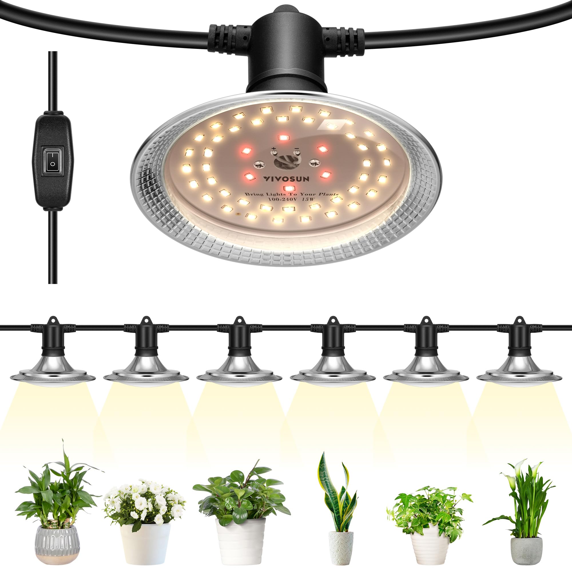 Vivosun Outdoor Led Grow Lights, Waterproof String Grow Light, Full Spectrum Plant Growing Lights With 22Ft Adjustable Cord For Seedling, Veg, Flower In Greenhouse, Garden, Backyard, Farm (6-Light)