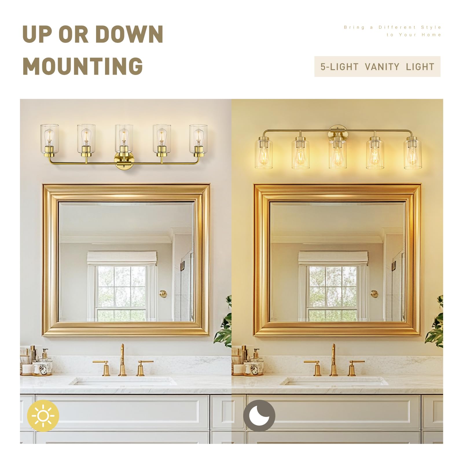 Zeyu 5 Light Sconces Wall Lighting  37 Inch Bathroom Vanity Light Fixtures  Brushed Gold Finish  Clear Glass Shade  Zs62B-5W Bg