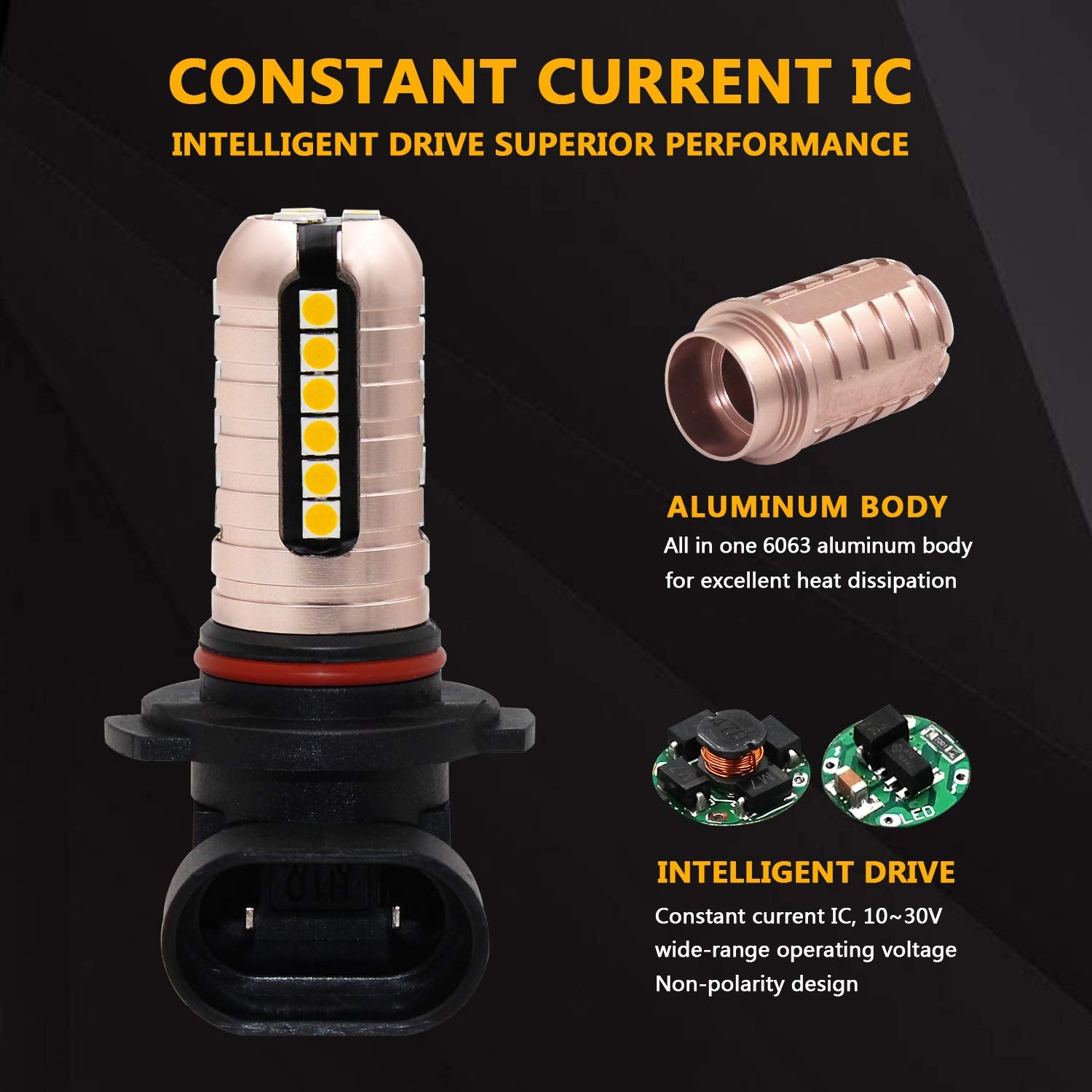 PHINLION H10 Yellow LED Fog Light Bulbs 3000 Lumens Super Bright 27-SMD Replacement for DRL or Fog Lamps