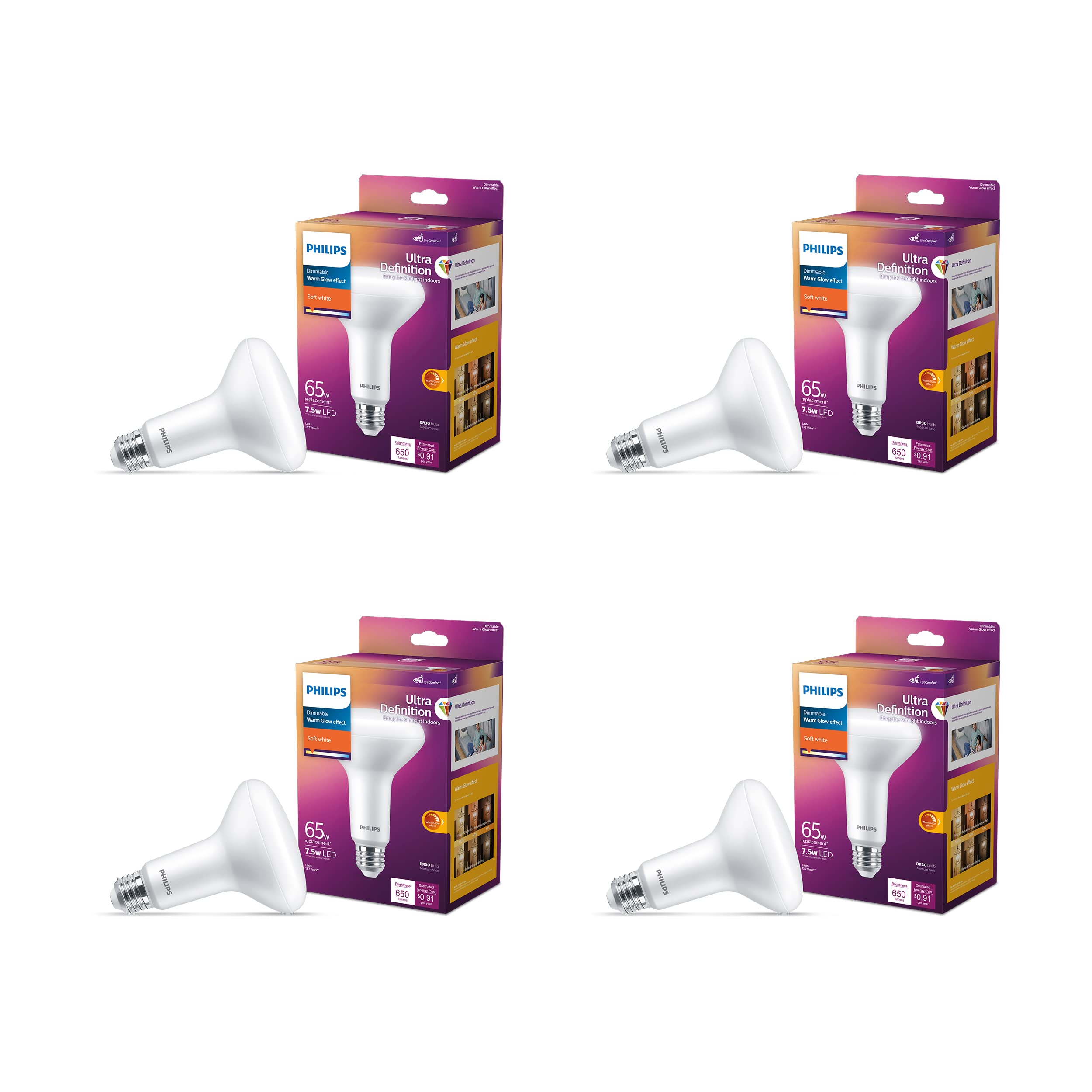 Philips LED BR30 Light Bulb - Dimmable, 650 Lumen, Soft White (2200K) - 7.5W=65W - E26 Base - 4