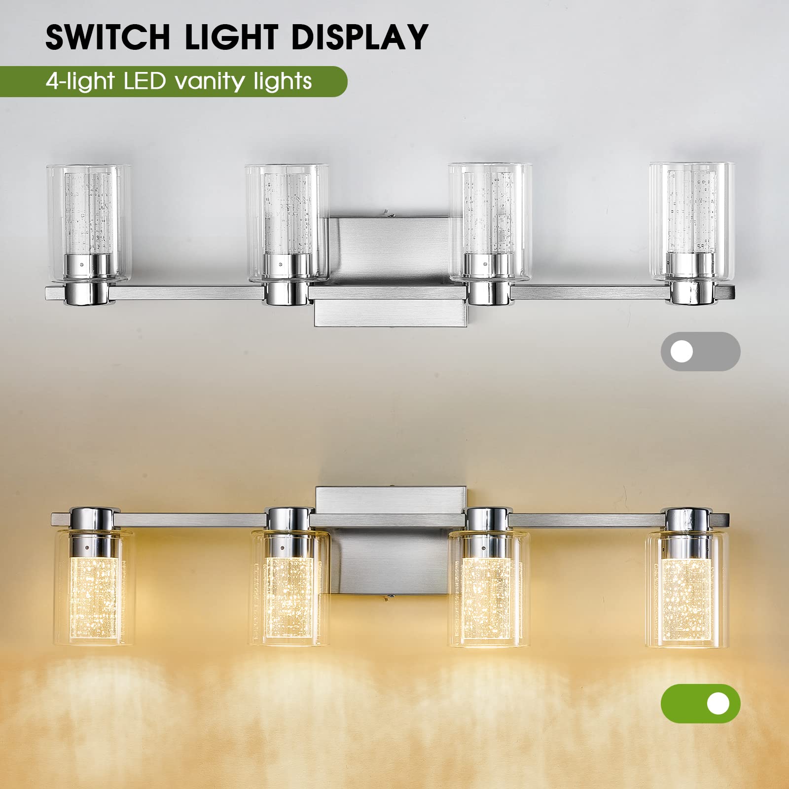 Zhizenl 4-Light Bathroom Light Fixtures, Brushed Nickel Vanity Lights, Dimmable Led Bathroom Vanity Light Over Mirror, Modern Crystal Vanity Lights For Bathroom Bedroom Hallway (Cool/Neutral/Warm)