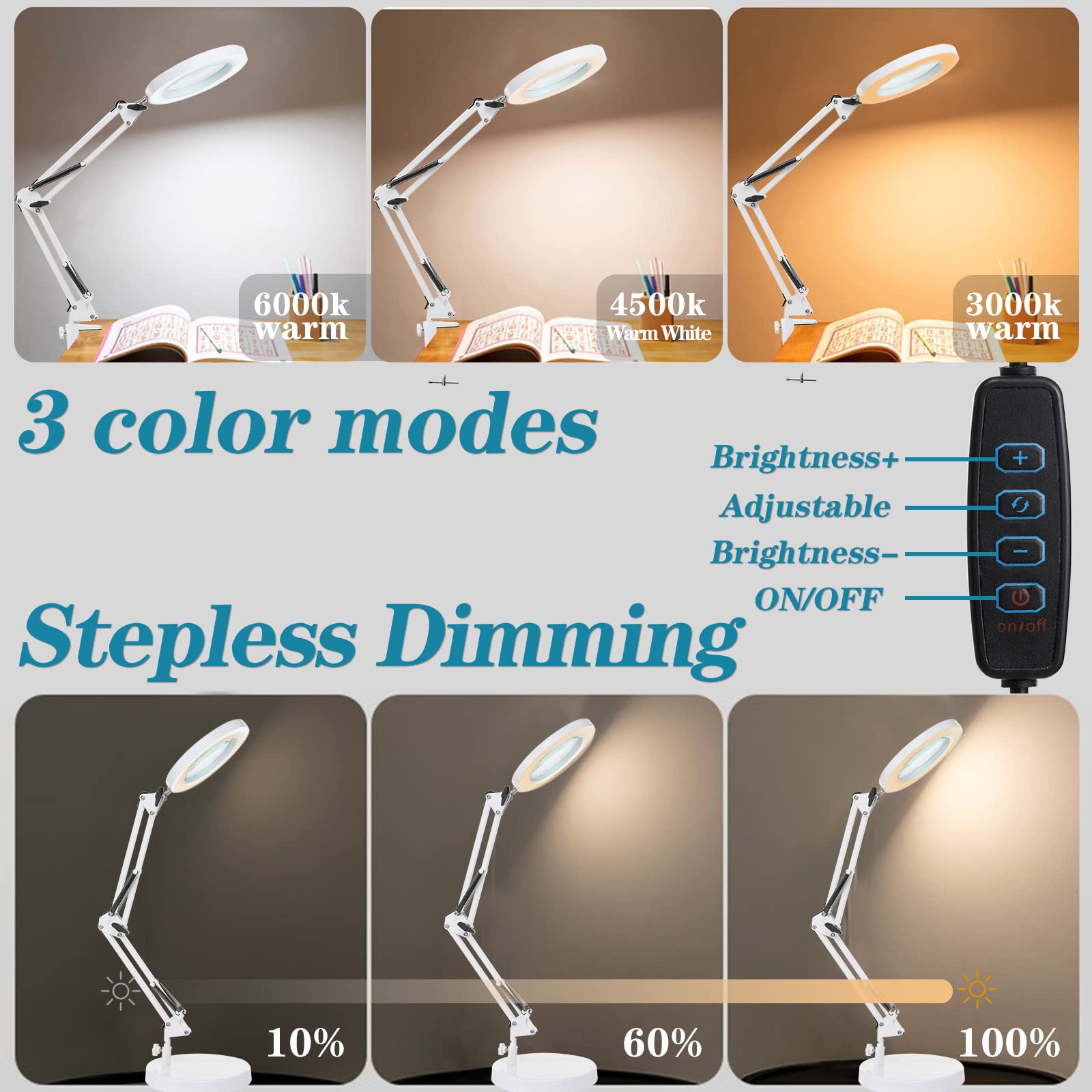 4.2'' 10X Magnifying Glass With Light, Kuvrs 1800 Lumen With 72 Led Lights, 3 Color Stepless Dimmable Led Magnifying Desk Lamp, Swing Arm & Clamp Magnifier With Light For Crafts Soldering Close Work