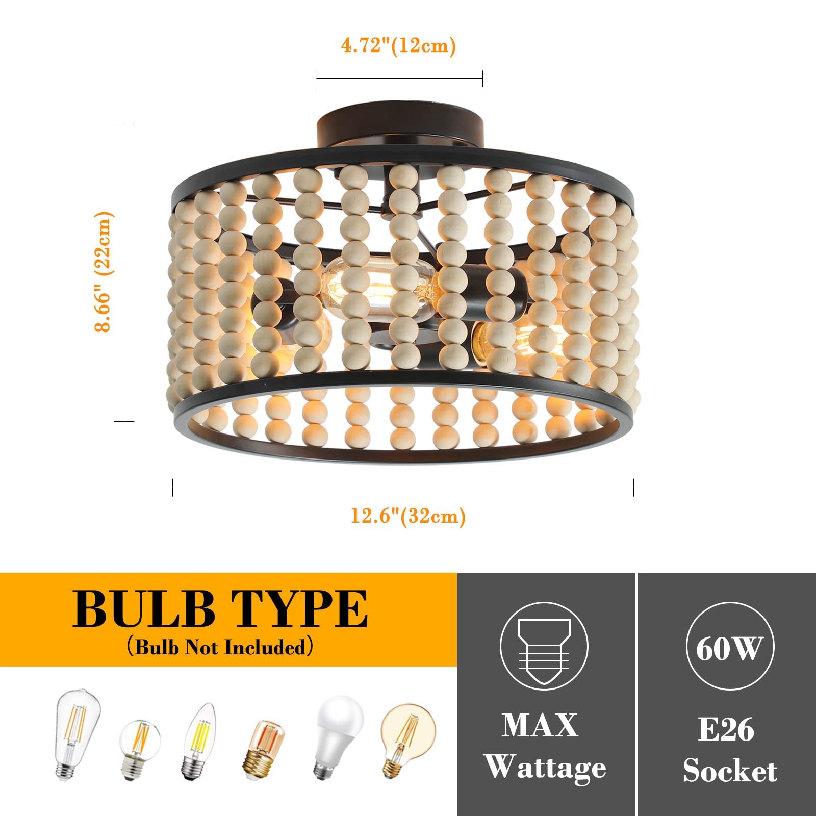 Tewei Wood Bead Chandelier - Rustic Boho Semi Flush Mount Ceiling Light For Kitchen & Living Room