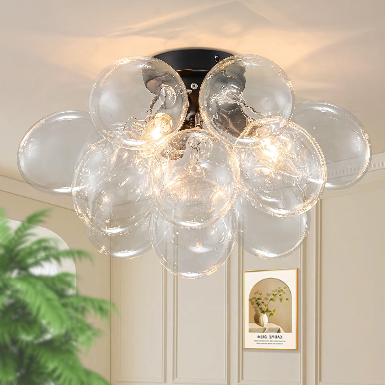 GoYeel Bubble Flush Mount Ceiling Light 17.72-Black Small Chandelier Glass Globe Kitchen Lights Ceiling with 13 Clear Glass Globe for Kid Room Girls Room Foyer Living Room