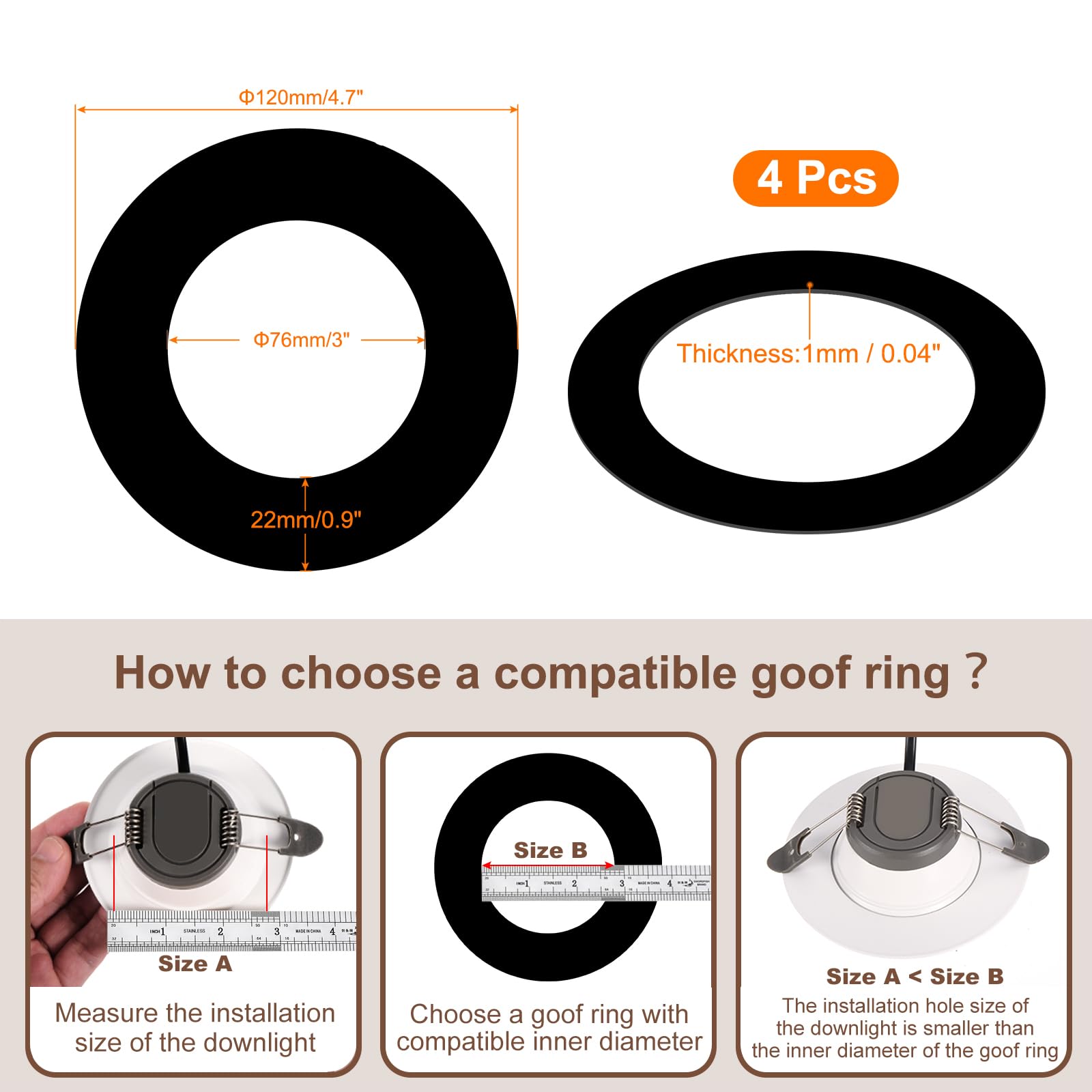 Awclub Black Goof Trim Ring For 2.5 Inch Recessed Cans Downlights For Ceiling Light Fixtures, 4 Pack 3-Inch Inner Diameter, 4.7-