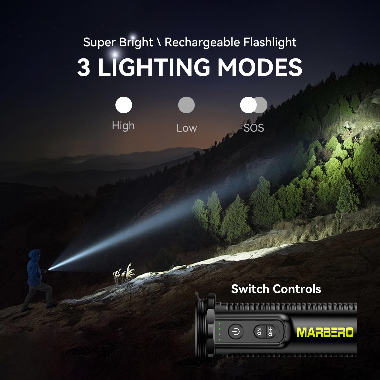 Marbero Rechargeable Flashlight High Lumens With 4000Mah Battery Focused Beam Super Bright Led Small Powerful Flashlight 3 Modes