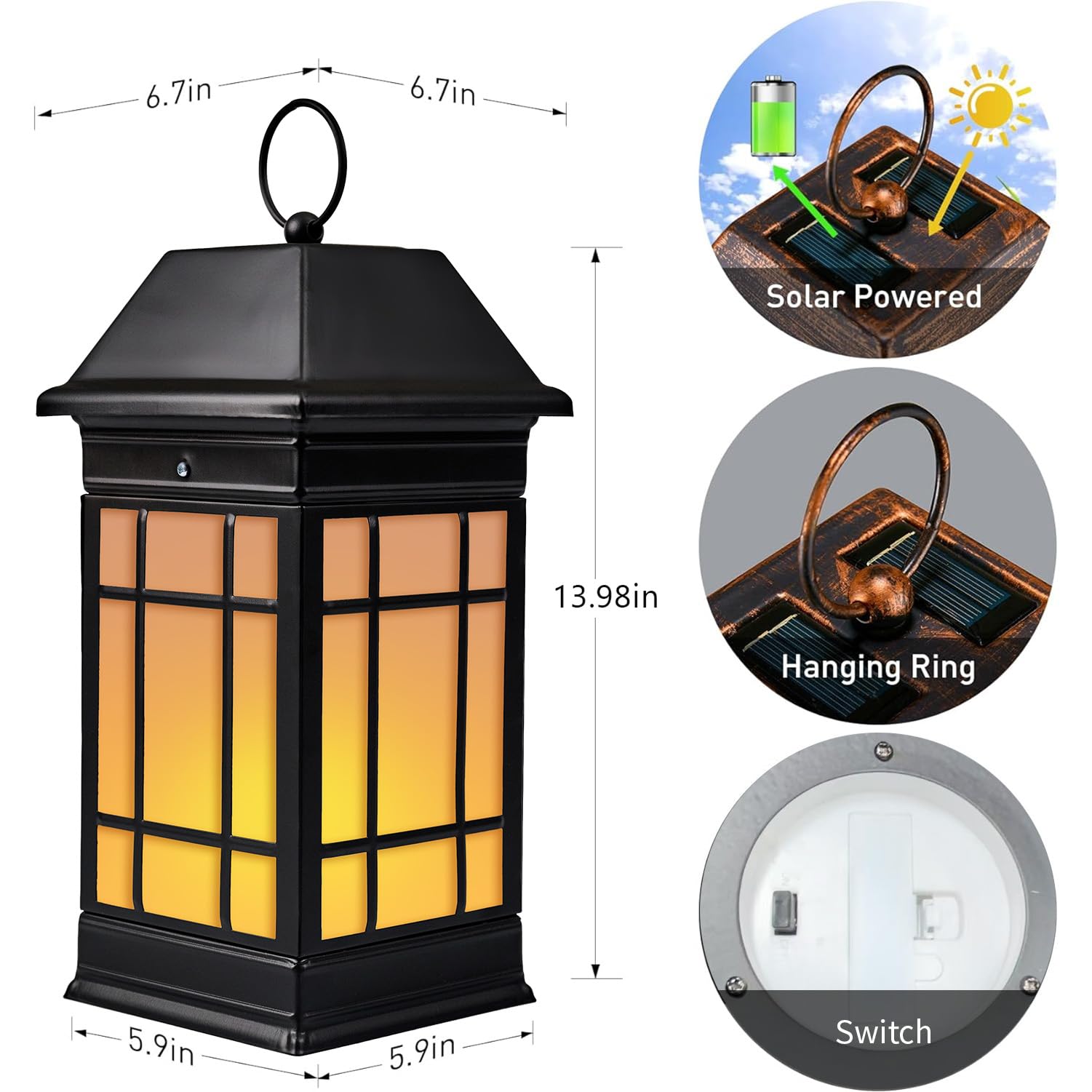 anyperfect 14" Solar Lantern - Waterproof Glass Flickering Flame - Black02 - Model DL02B - Hanging Decorative Light for Patio & Garden