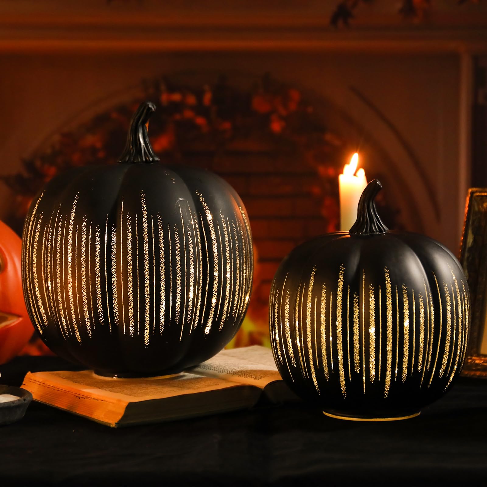 Halloween Decorations Indoor Halloween Pumpkins Illuminated Starry Night Fall Glass Pumpkin For Thanksgiving Fireplace Tabletop Party Home Bedroom Decor Gift 2 Pack