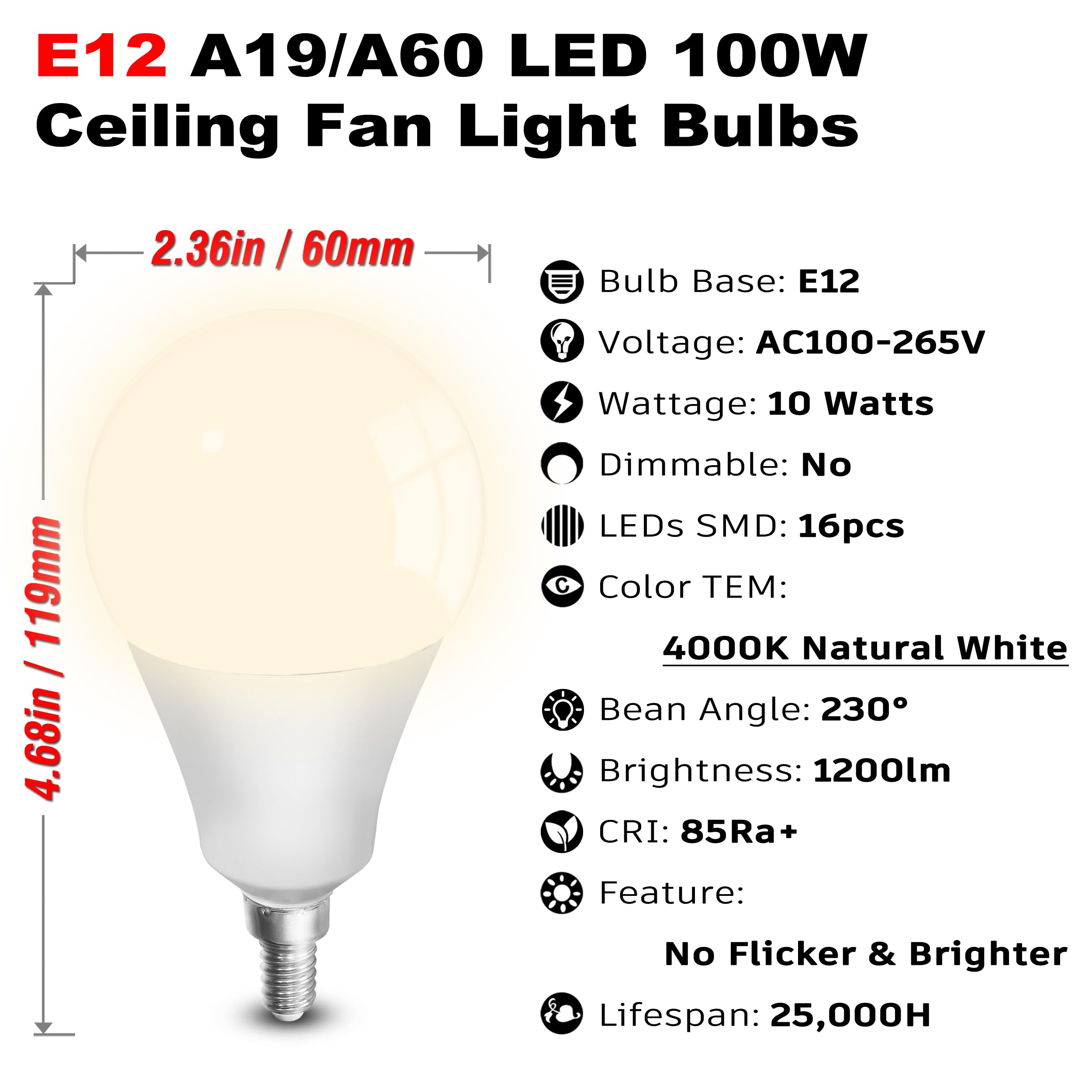 E12 A19 A60 Led Ceiling Fixture Light Bulbs 100 Watt Equivalent,Bright E12 Small Candelabra Screw Base Globe Shape Led Chandelie