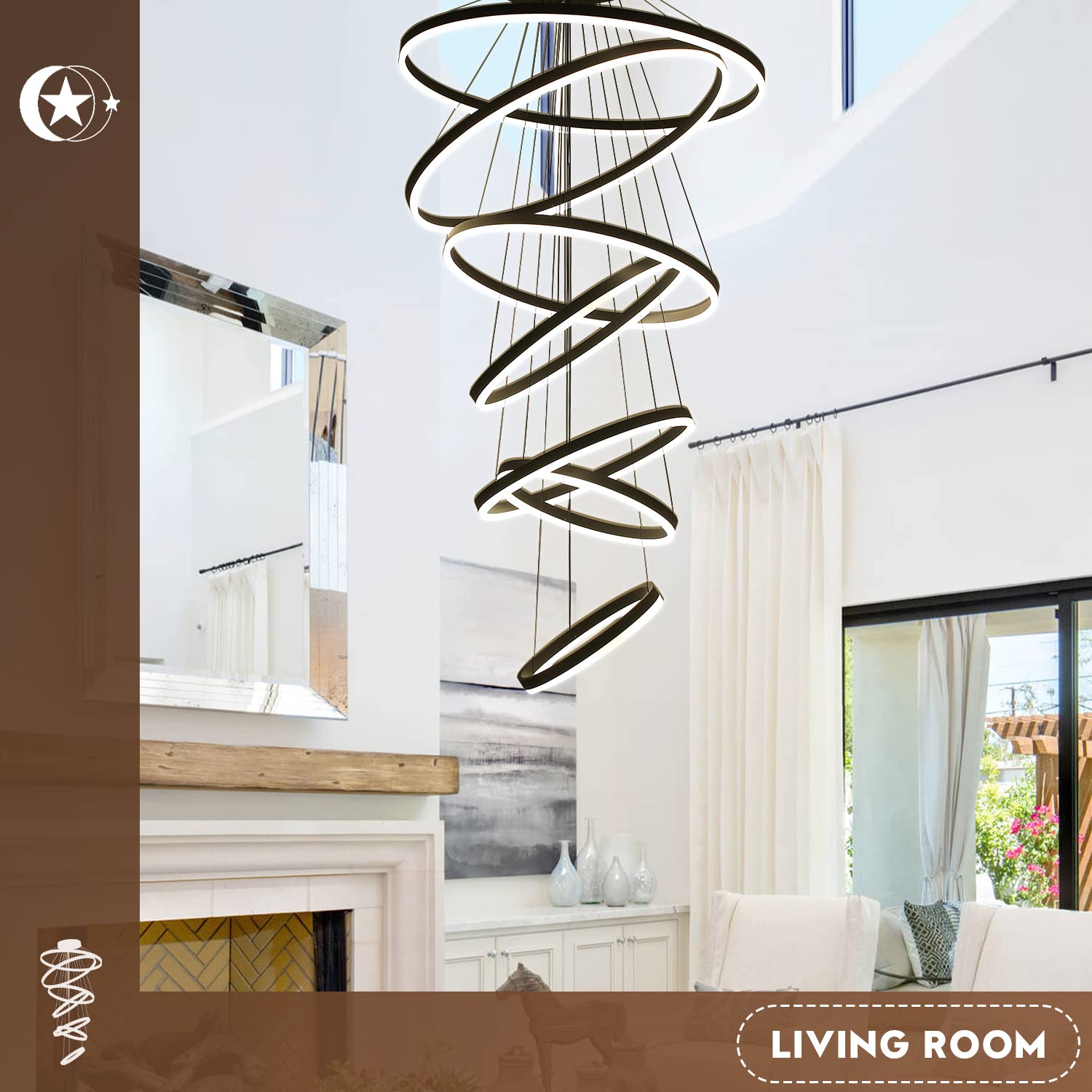 Xgzllighting 7-Rings Modern Led Chandelier Black D31.5 Contemporary Foyer Chandeliers Large With Remote Entryway High Ceiling Ch