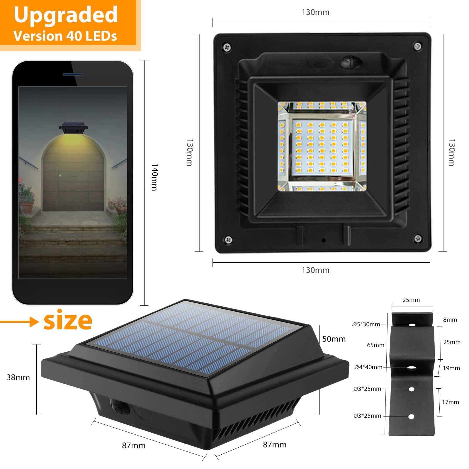 UniqueFire Solar-Powered LED Garden Wall Lamp, 40LED, Waterproof, 8PCS Black/Warm White, Model 10028x2
