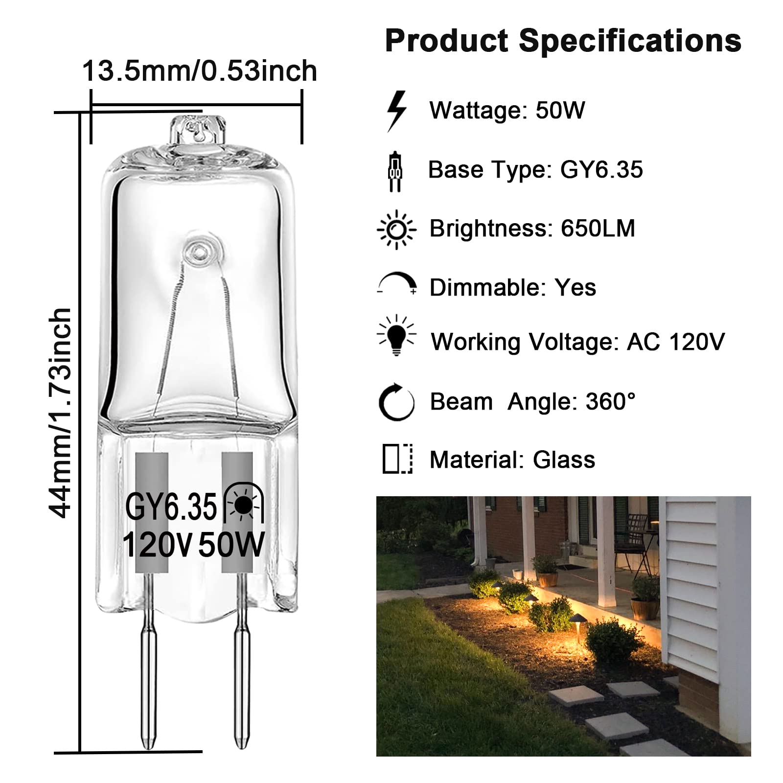 DUMILOO GY6.35 Halogen Bulbs, 120V 50W, Dimmable 2700K Warm White, 10 Count, Glass, JC Bi-Pin