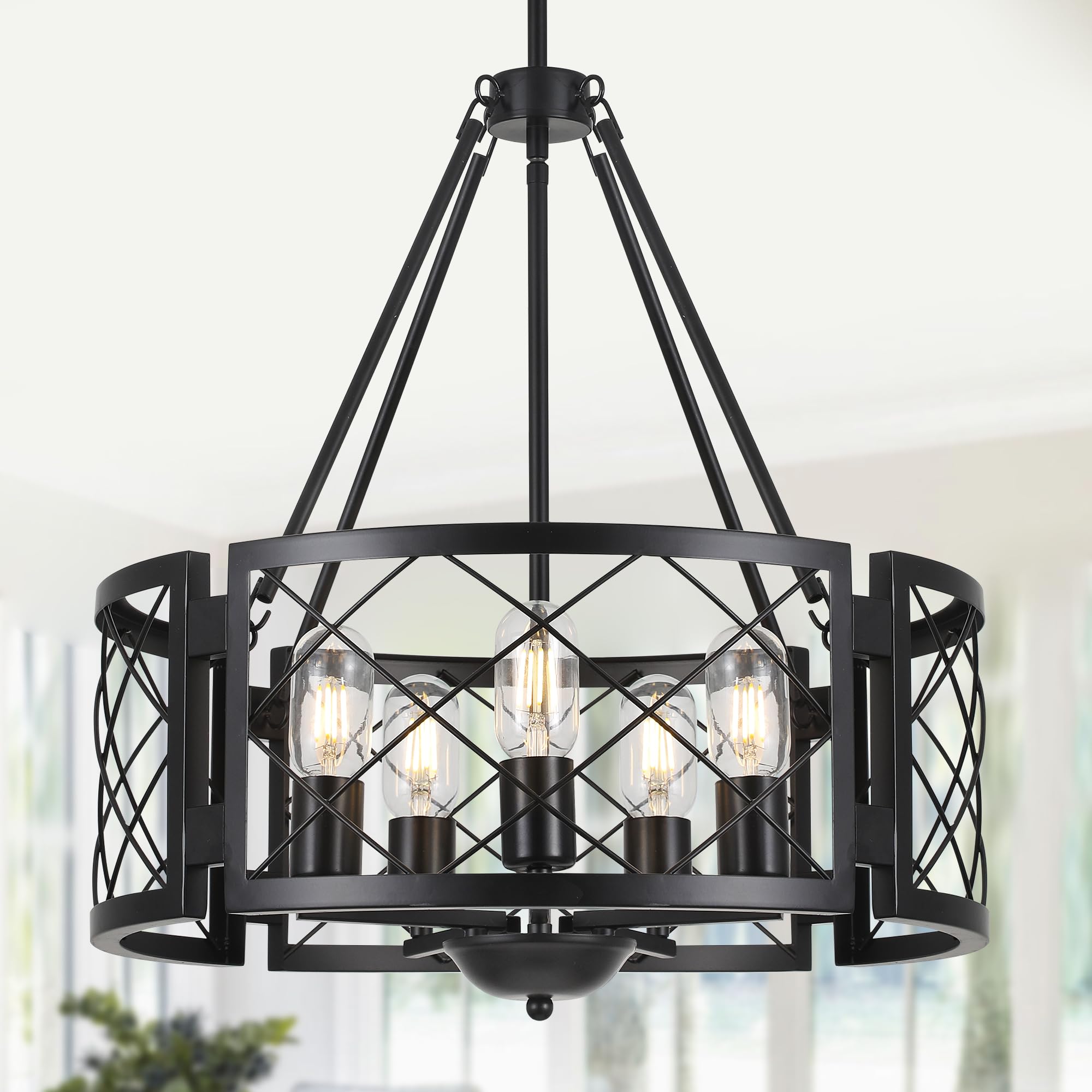 Sigaitwei 5-Light Farmhouse Chandelier Rustic Black Chandelier for Dining Room,Adjustable Pendant Light,Drum Chandelier for Kitc