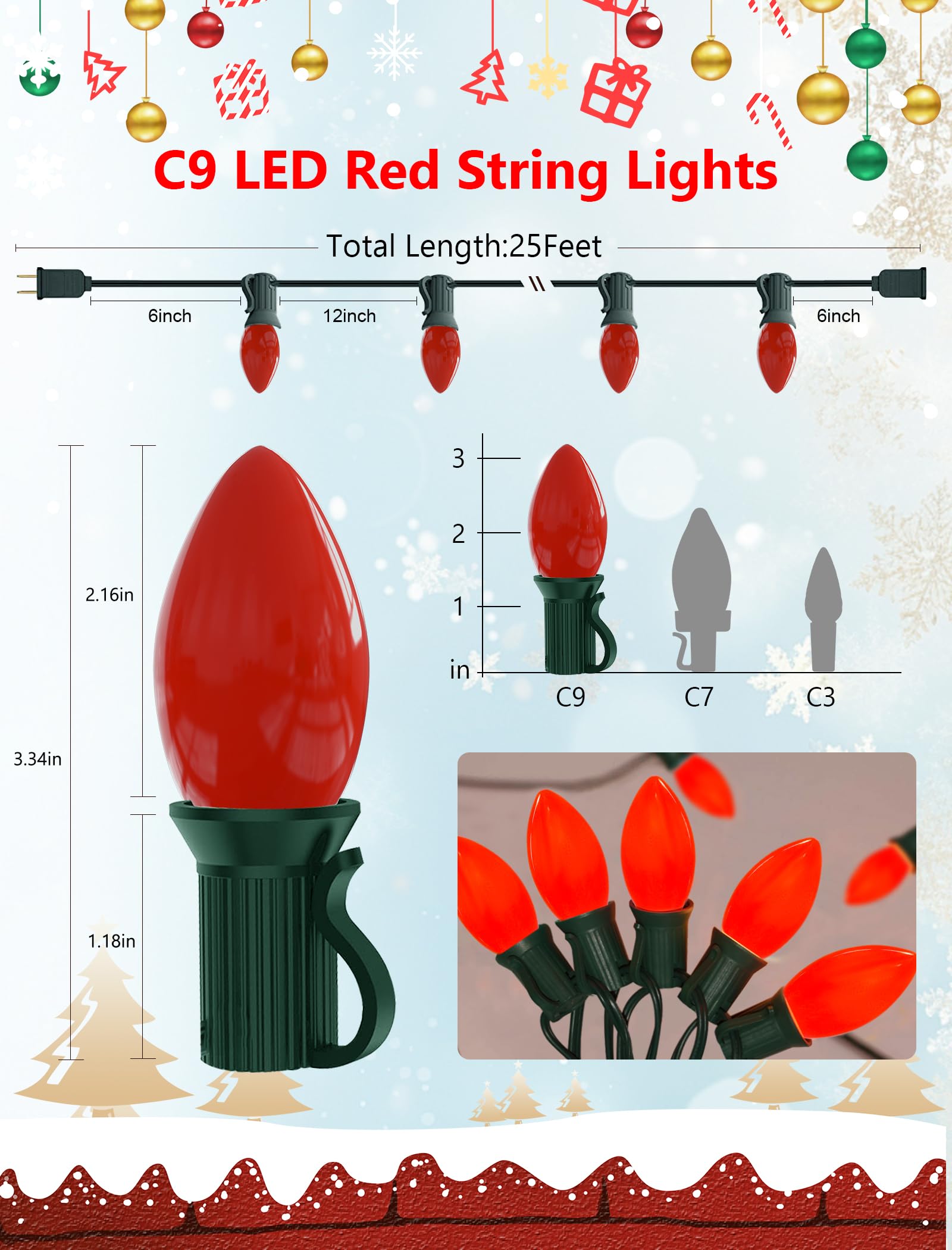 Led C9 Red Christmas Lights Outdoor  25Ft C9 Led Outdoor String Lights With 26 Shatterproof Red Bulbs  Waterproof Vintage Christmas Lights For Indoor Holiday Tree Roofline Patio Party Garden Decor