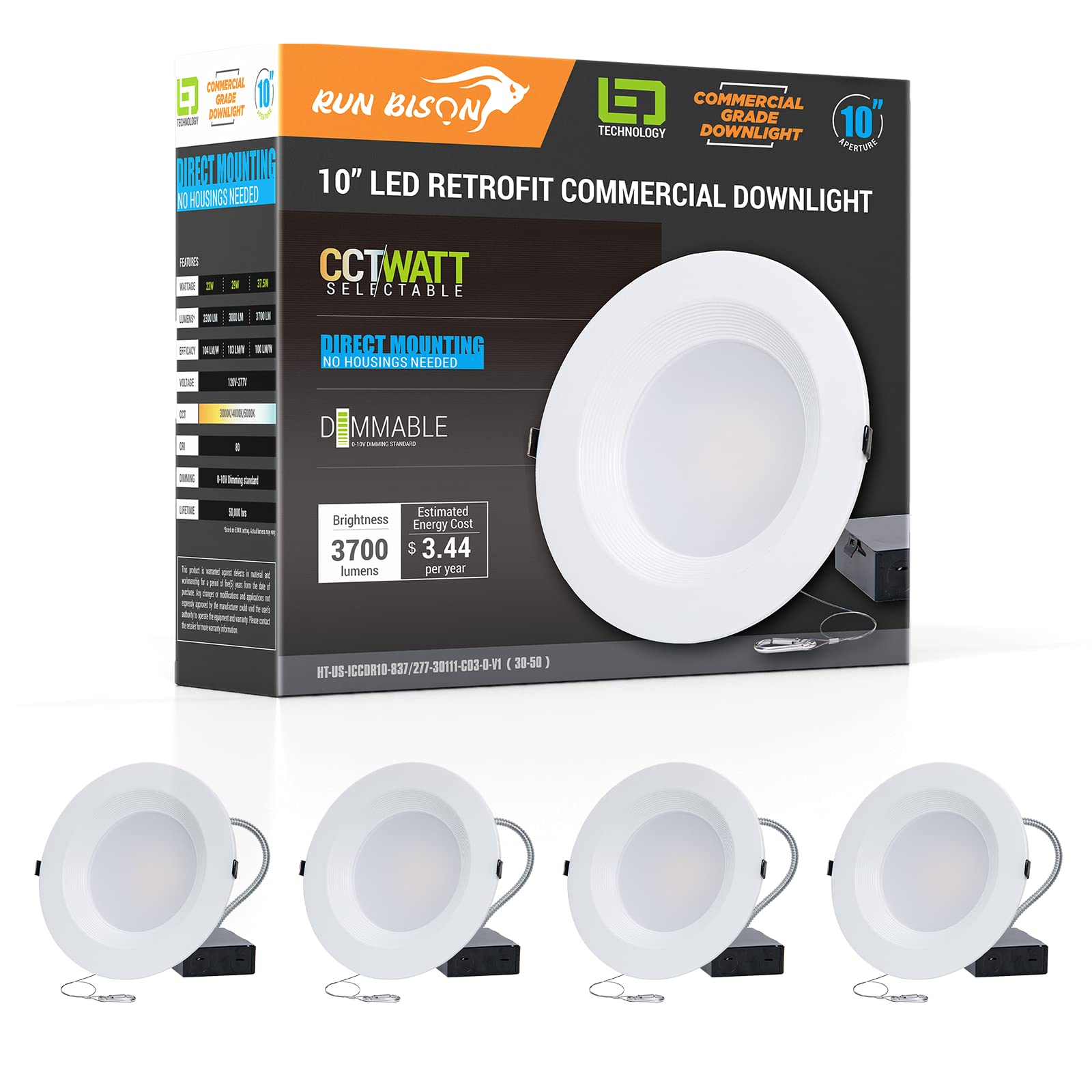 Run Bison 10 Inch Recessed Led Commercial Downlight With J-Box, Wattage Adjustable 22/29/37.5W,3 Color Selectable,120-277V,0-10V Dimmable,Ic Rated, Commercial Canless Led Lights,Ul & Energy Star - 4Pk