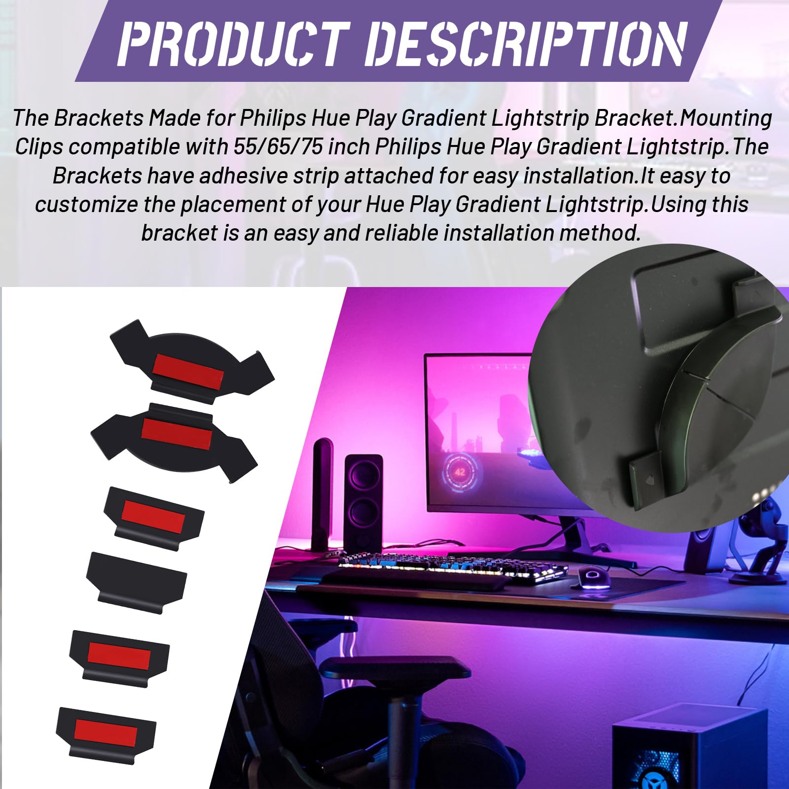 Hqparrts Brackets For Philips Hue Play Gradient Lightstrip, Mounting Clips Compatible With Philips Hue Play Gradient Lightstrip 55/65/75 Inch, Black