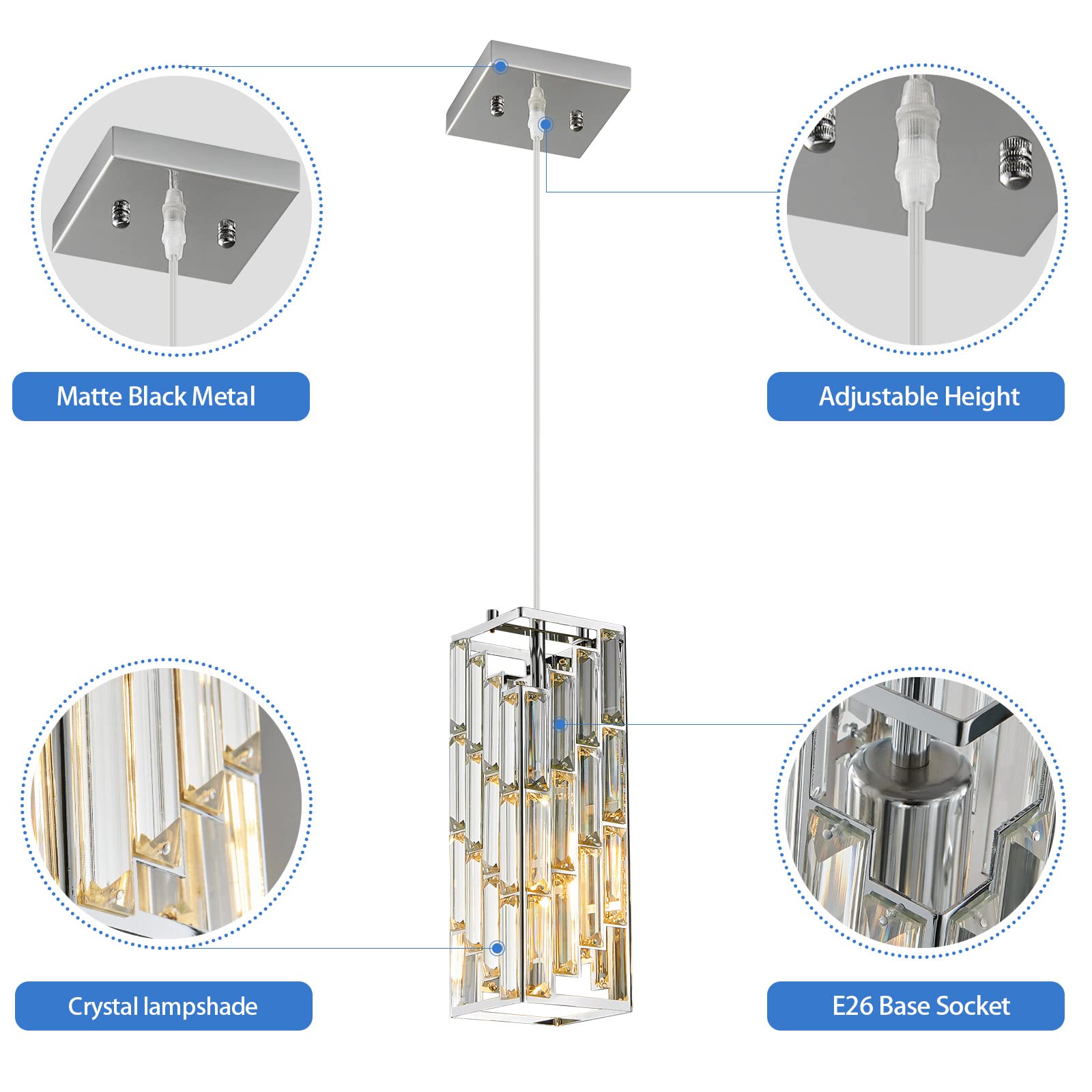 Fdpby Chrome Pendant Lighting Modern Pendant Light, Mini Crystal Chandeliers,Adjustable Pendant Light Fixture For Kitchen Island