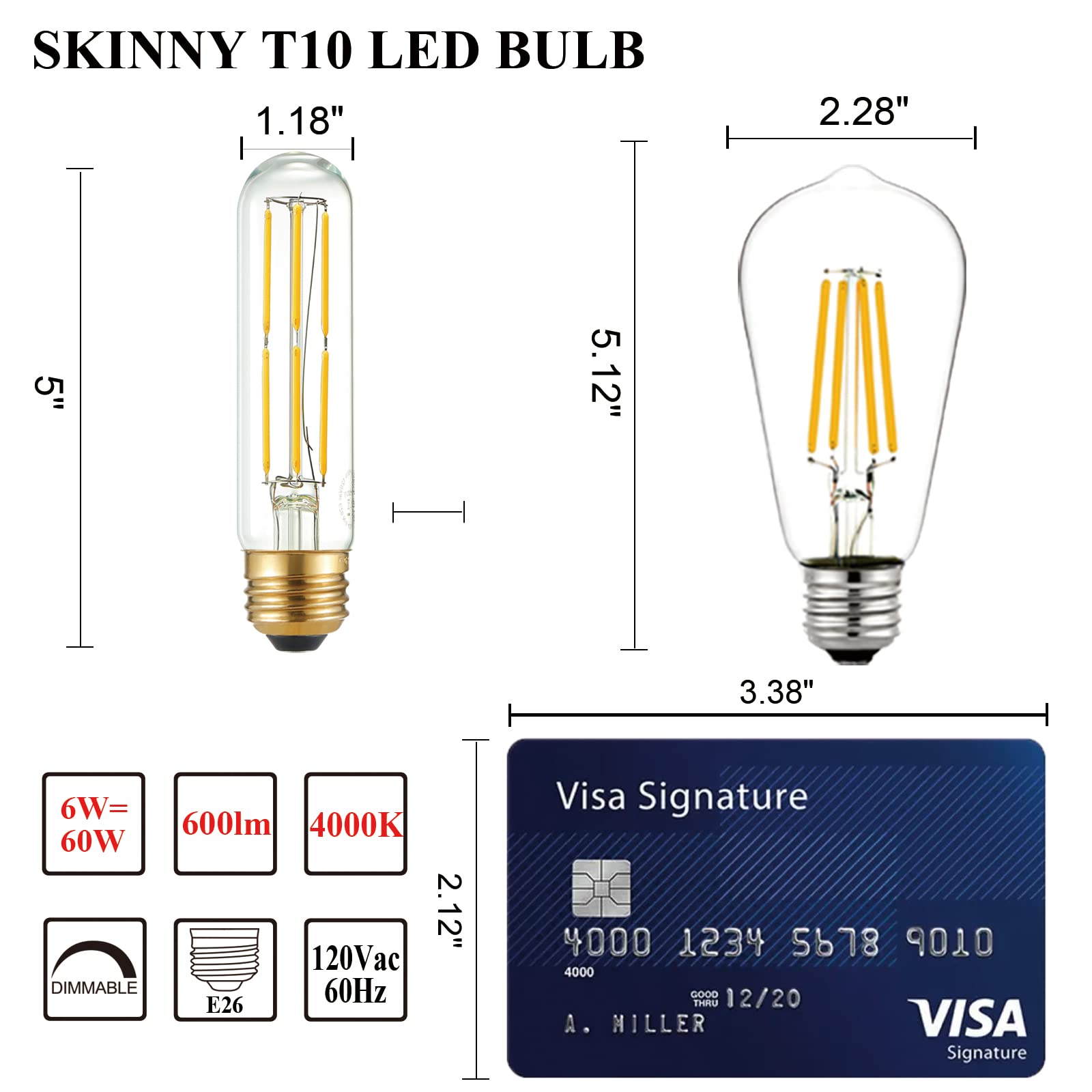Arberlic 5 Inch Tubular Light Bulb,6W T10 Led Bulb Equivalent E26 Led Bulb 60 Watt Dimmable,Neutral White 4000K,600Lm,Cri85+,Ac1