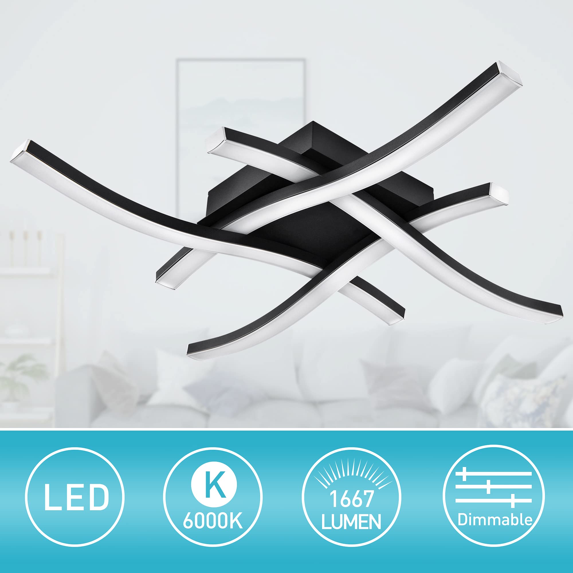 EDISLIVE Modern Dimmable LED Ceiling Light 4-Light Flush Mount 18in 6000K Black