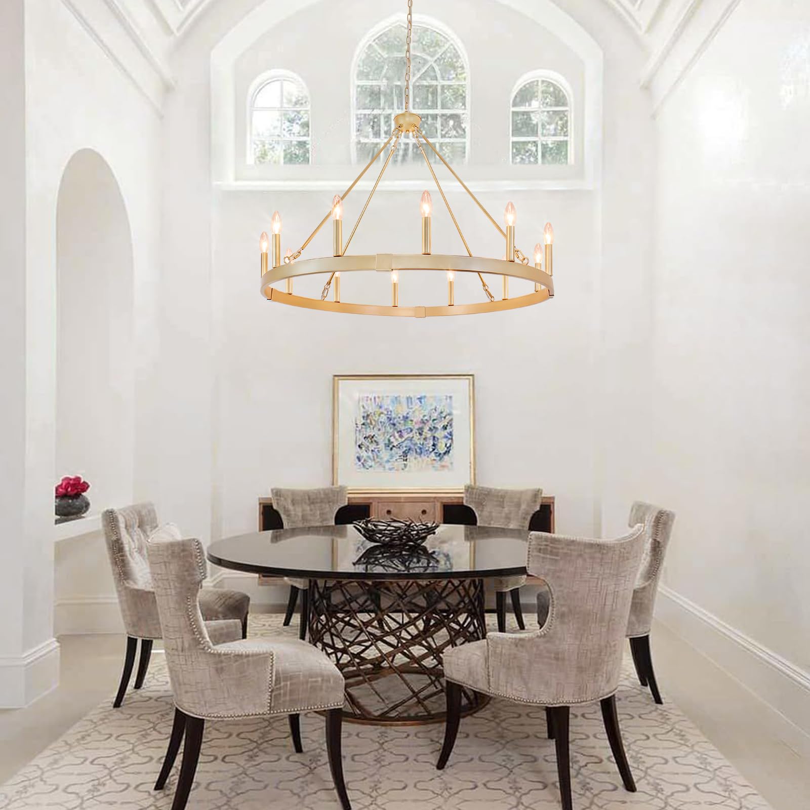 Rviezza Gold Wagon Wheel Chandelier 37.4 Inch, 12-Light Large Round Industrial Gold Farmhouse Chandeliers For High Ceilings Dini