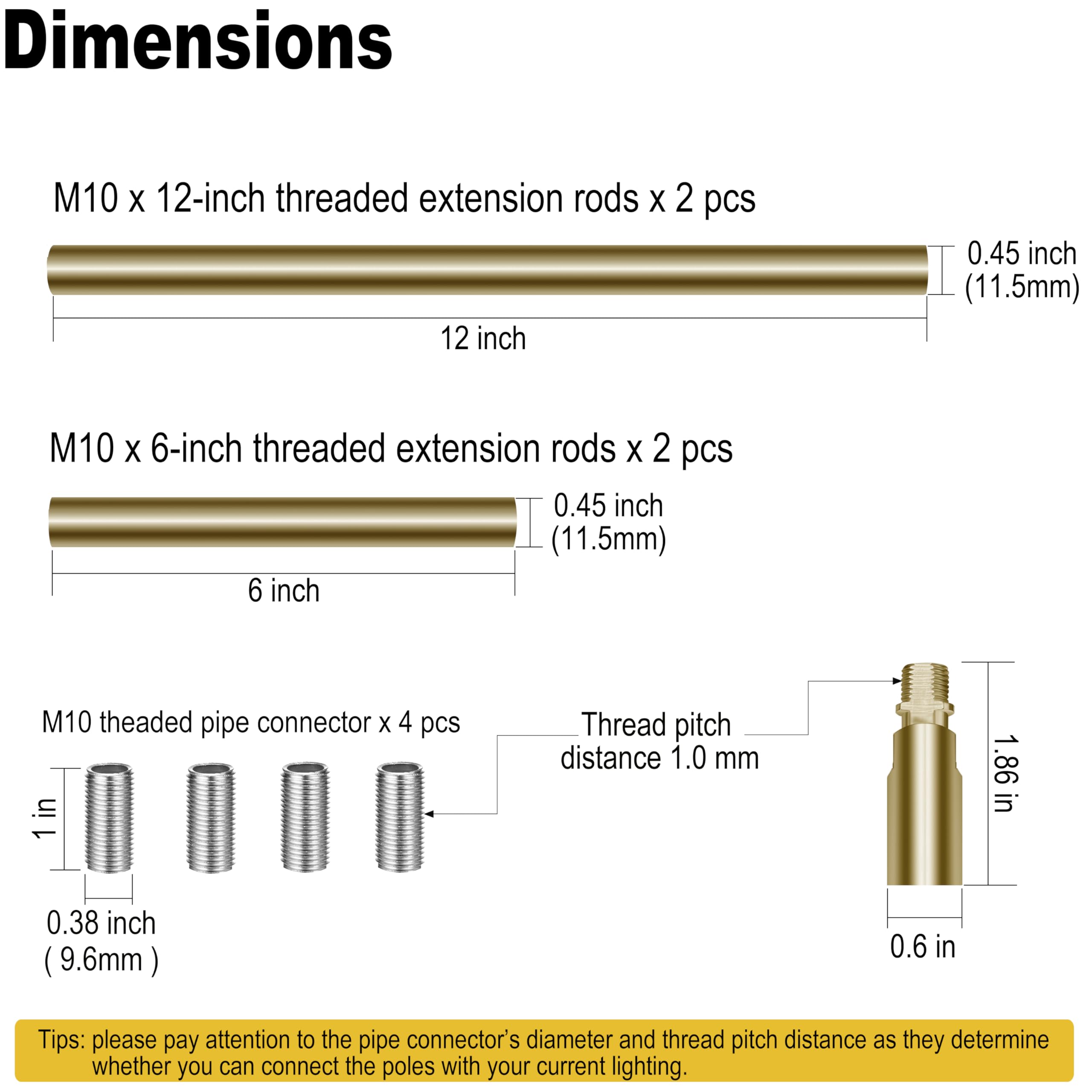 MAYOMAJO M10 Threaded Extension Poles for Pendant Lights, 2 x 12'' + 2 x 6'', Brass, Model LFD-BS-NEW, Sloped Ceiling