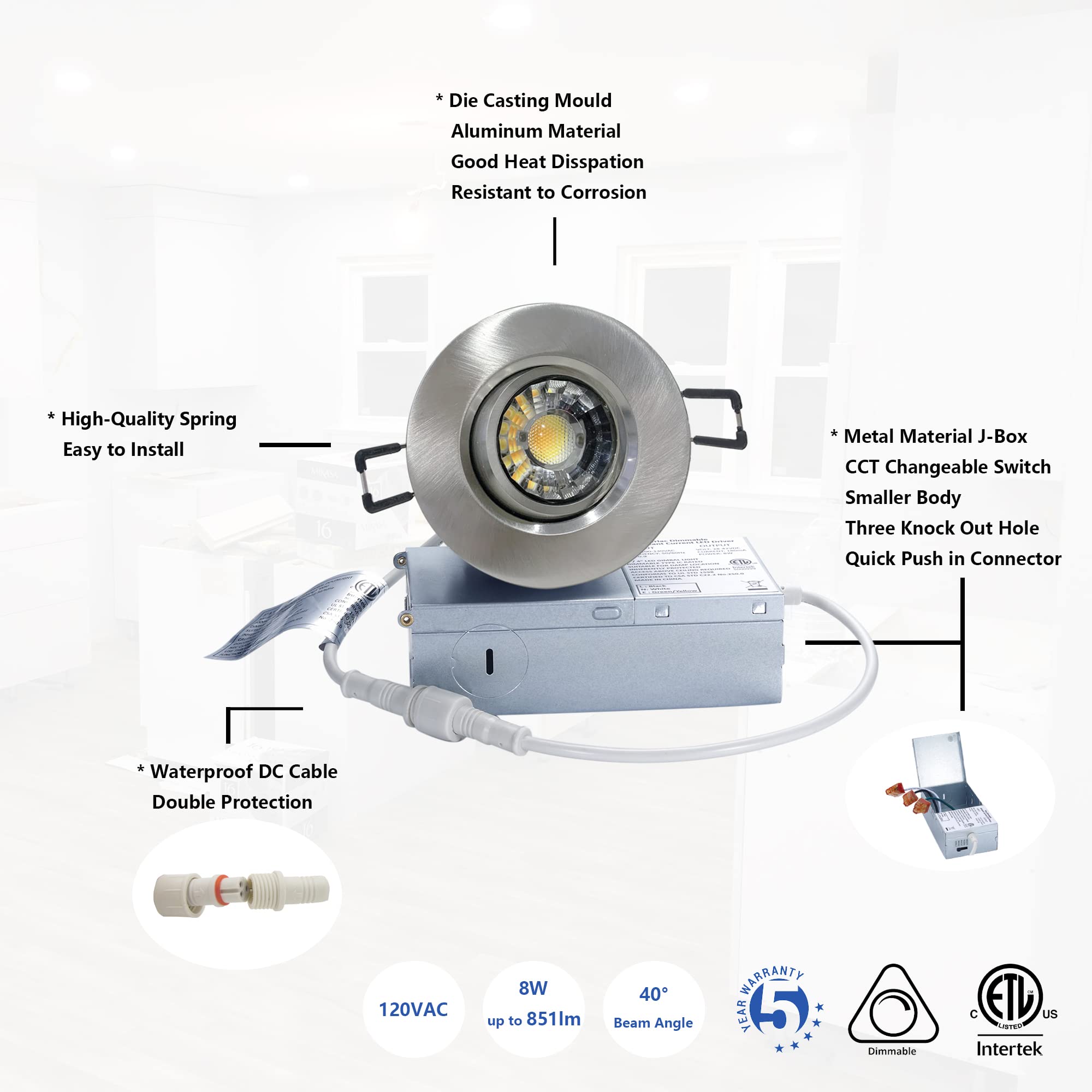 POPANU Canless Recessed Gimbal Downlight, Dimmable 8W, 5 CCT, 3 Inch, Brushed Nickel, Model cfb6242f-f36