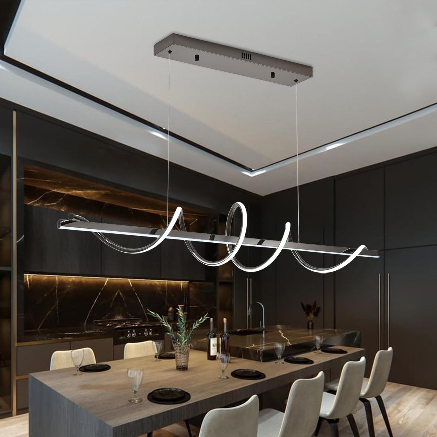 47.24 Modern Led Pendant Light for Kitchen Island Lighting Electroplated Black Modern Chandelier for Dining Room over Table Dimmable Led Ceiling Pendant Lights Creative Snake-Shaped Twist Design
