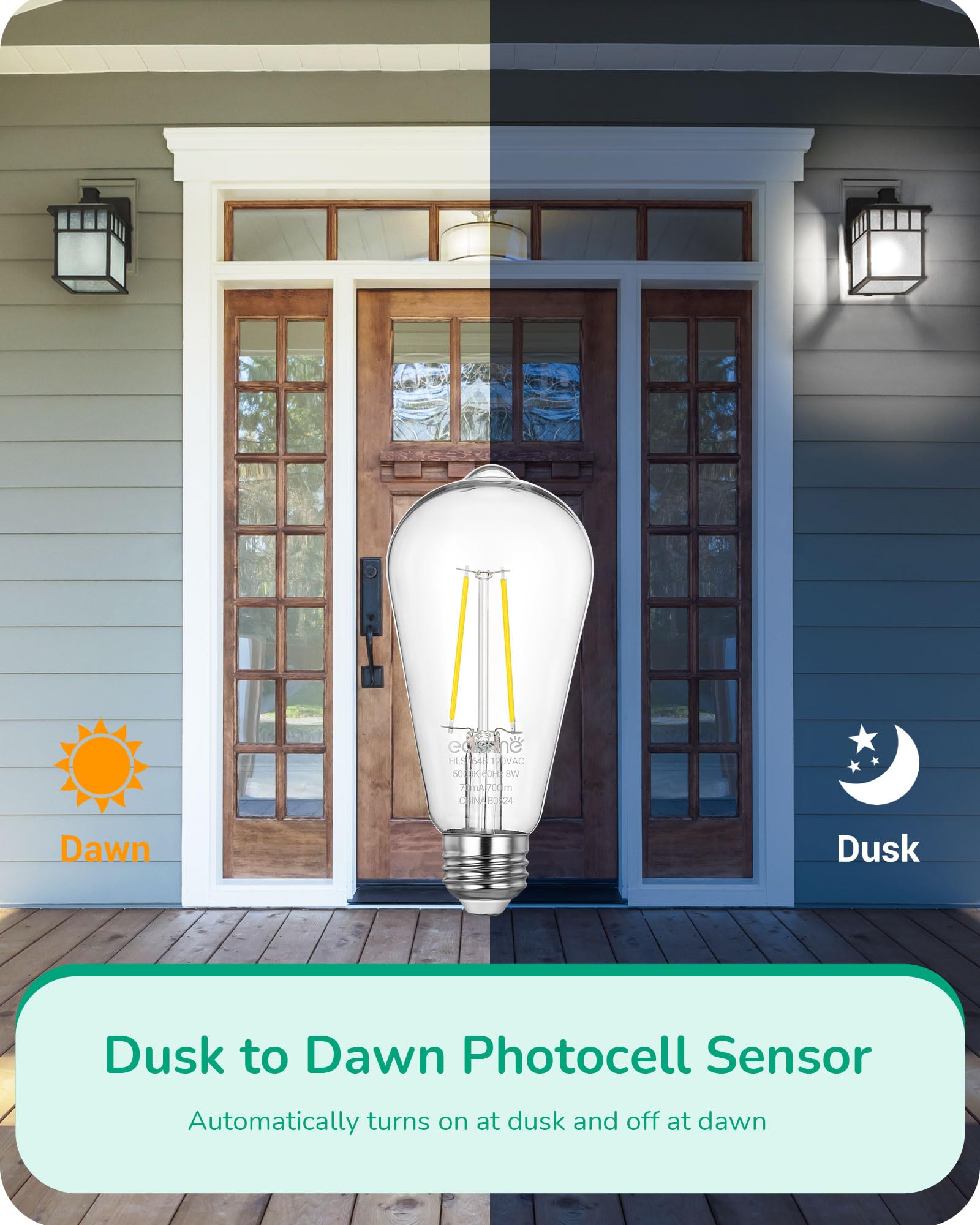 EDISHINE 6 Pack Dusk to Dawn LED Outdoor Light Bulb, Vintage Styled ST64 LED Edison Filament Bulb, 700LM 5000K Daylight White wi