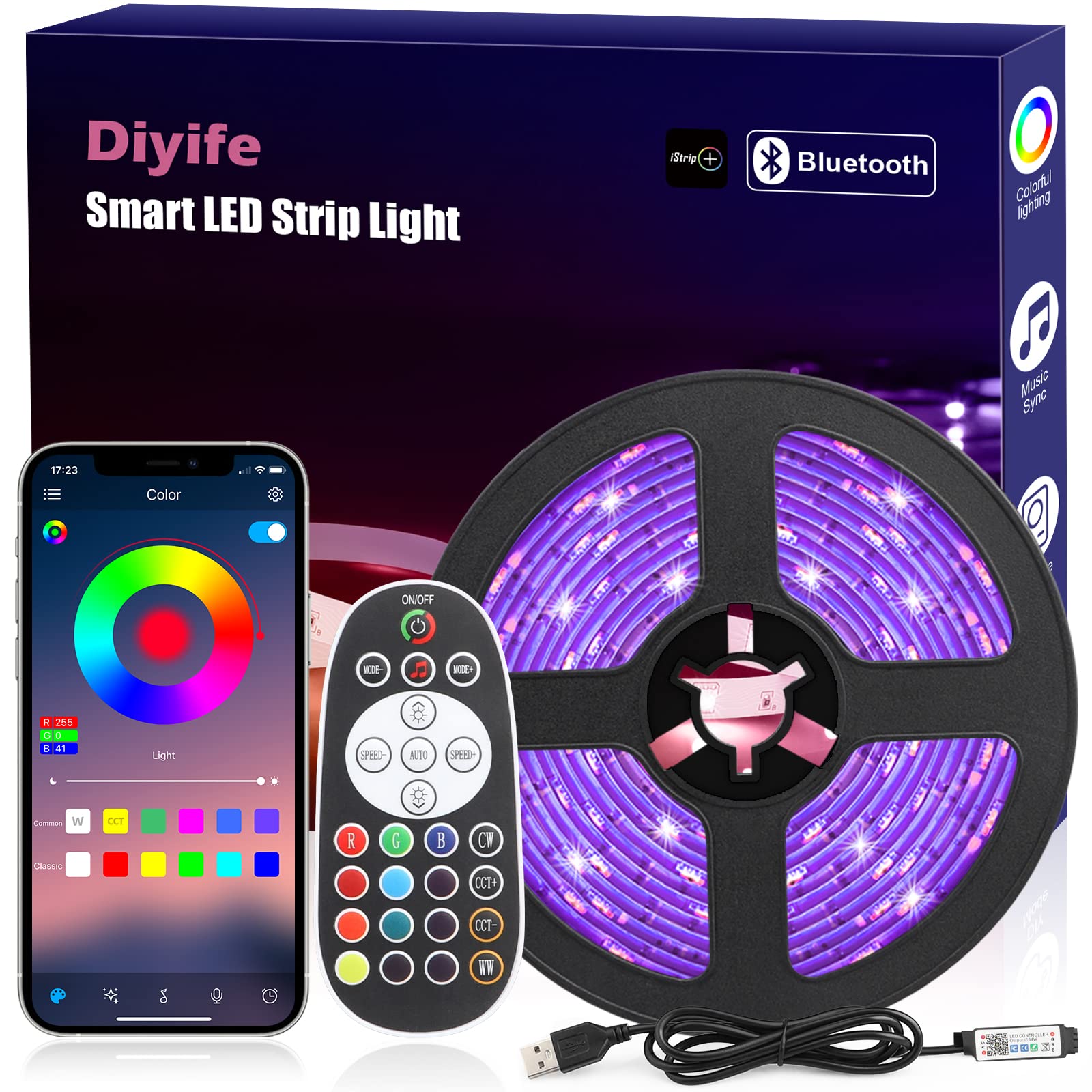 Diyife LED Strip Lights 16.4ft 5050 RGB Multicolor with App Remote Control, Bluetooth, Music Sync, for Home Decoration